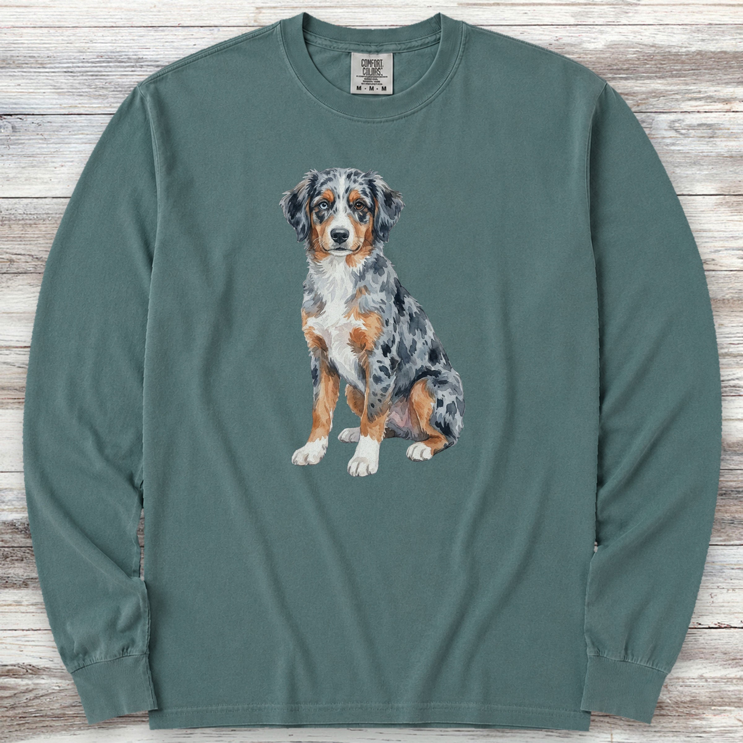 Australian Shepherd Puppy Watercolor Long Sleeve Tee - Blue Spruce