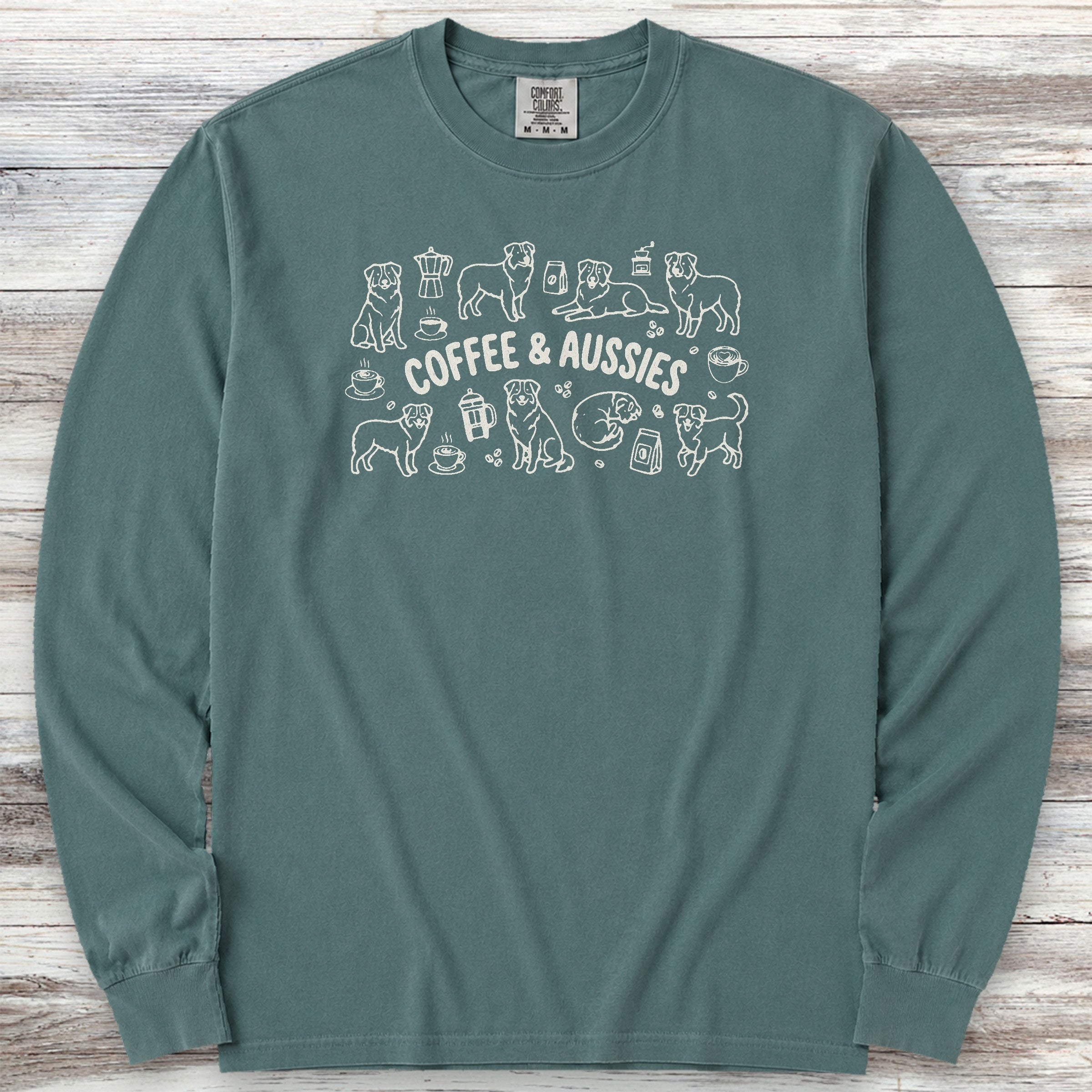 Australian Shepherd Coffee Doodles Long Sleeve Tee - Blue Spruce