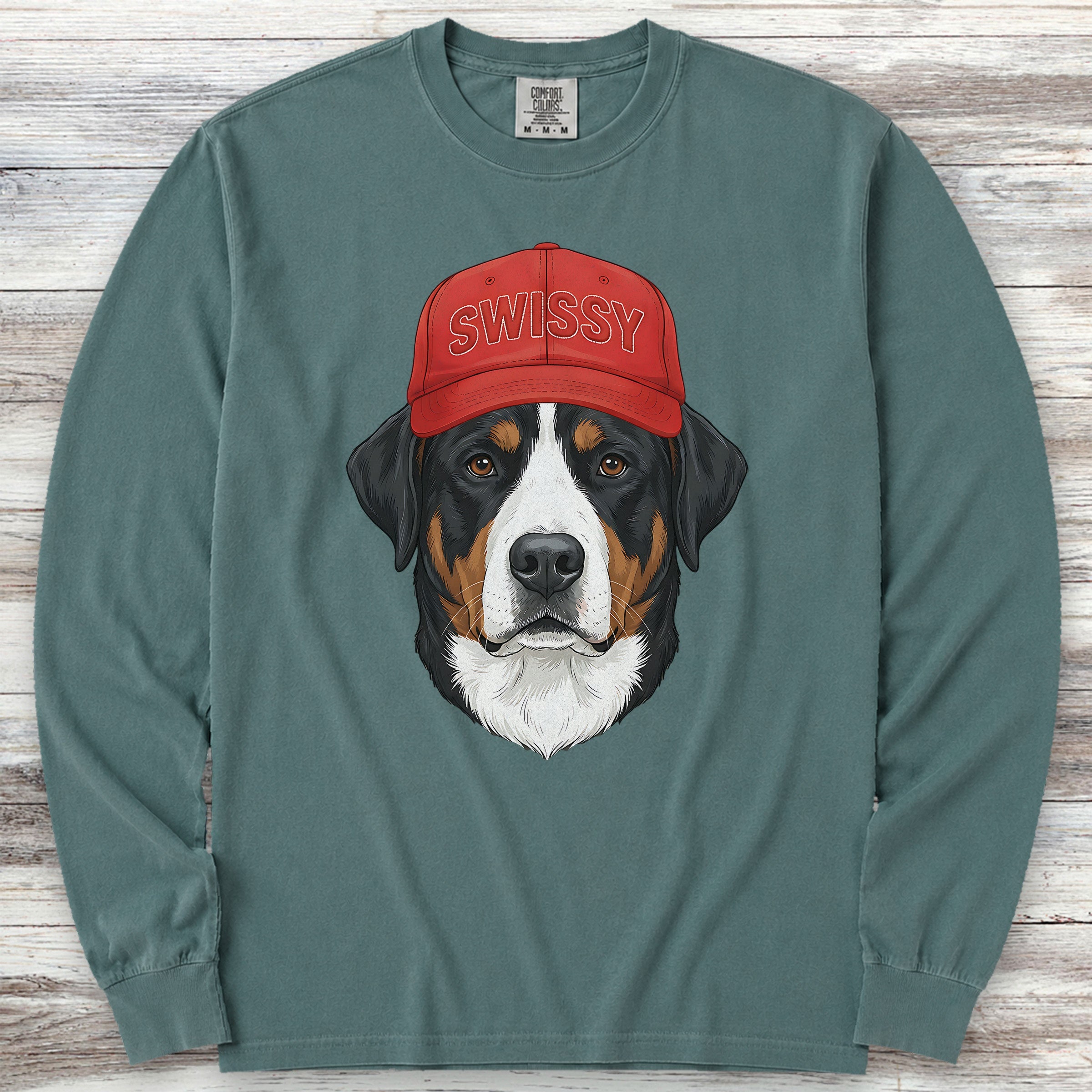Swiss Mountain Dog Swissy Hat Long Sleeve Tee - Blue Spruce