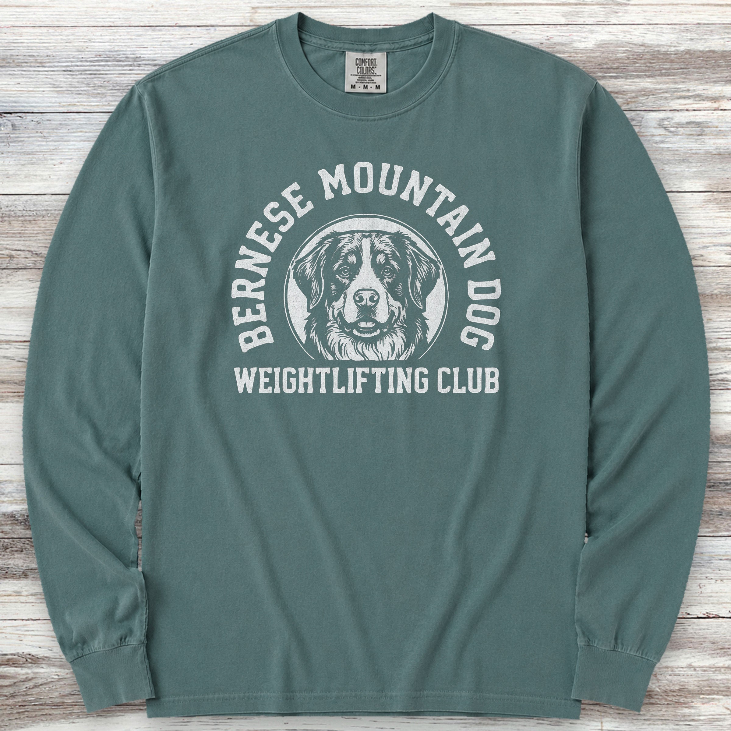 Bernese Mountain Dog Weightlifting Long Sleeve Tee - Blue Spruce