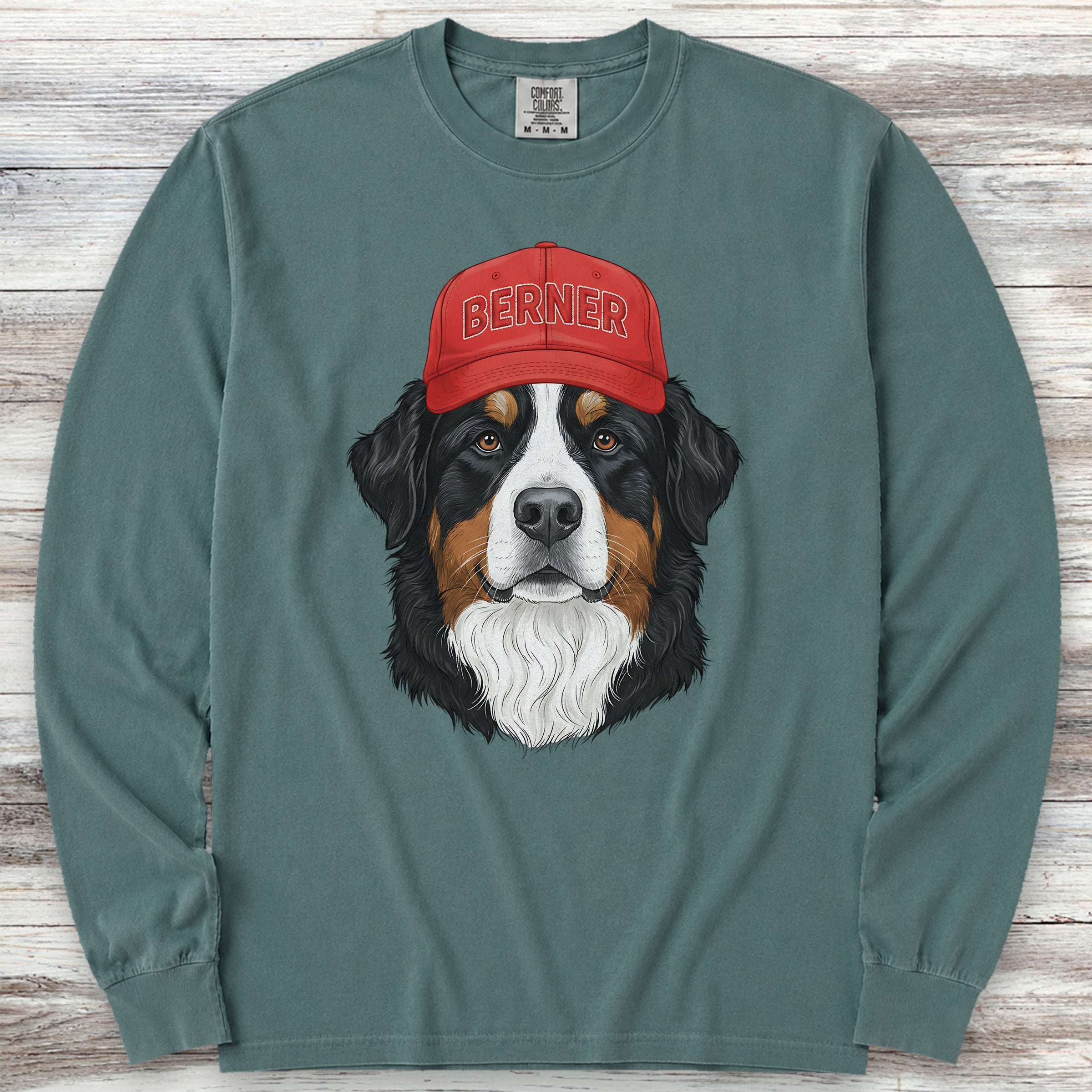 Bernese Mountain Dog Berner Hat Long Sleeve Tee - Blue Spruce
