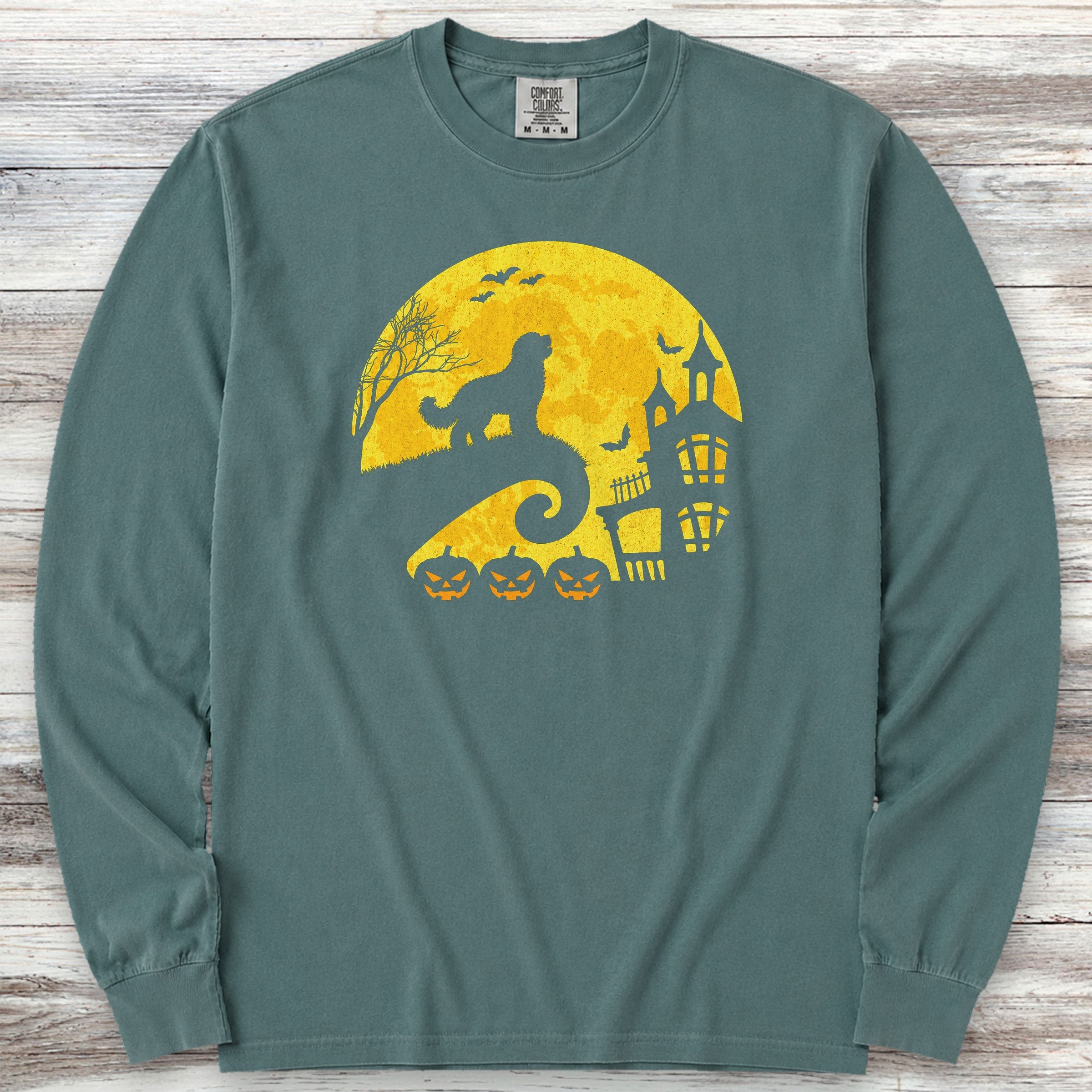 Bernedoodle Halloween Moon Long Sleeve Tee - Blue Spruce