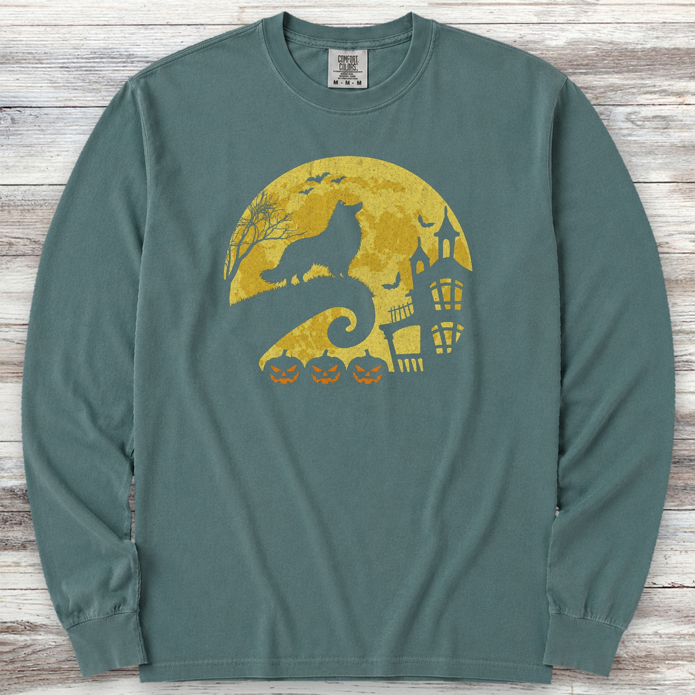 Rough Collie Halloween Moon Long Sleeve Tee - Blue Spruce