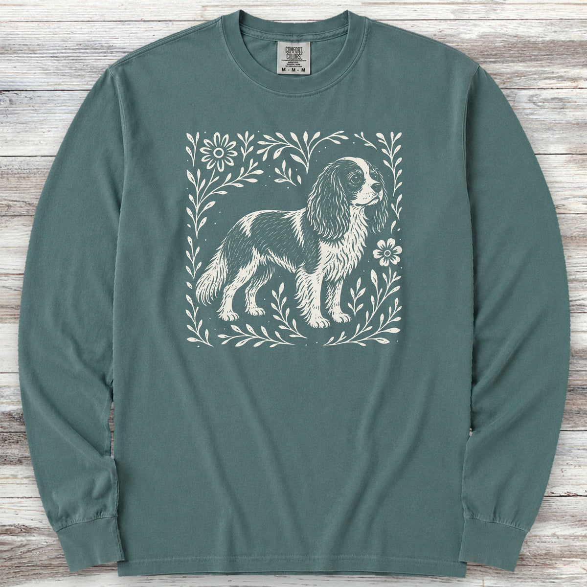 Cavalier King Charles Linocut Long Sleeve Tee - Blue Spruce