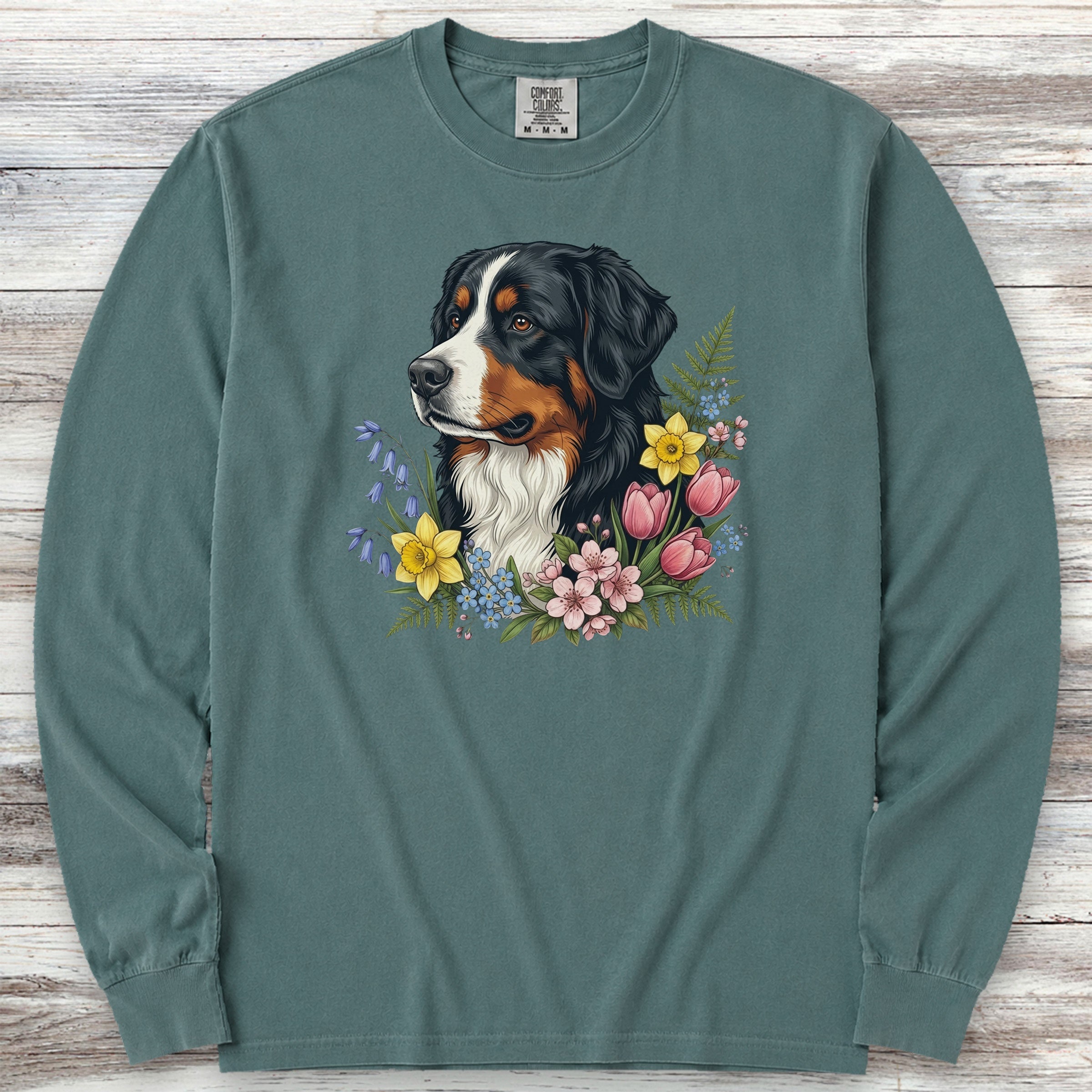 Bernese Mountain Dog Spring Portrait Long Sleeve Tee - Blue Spruce