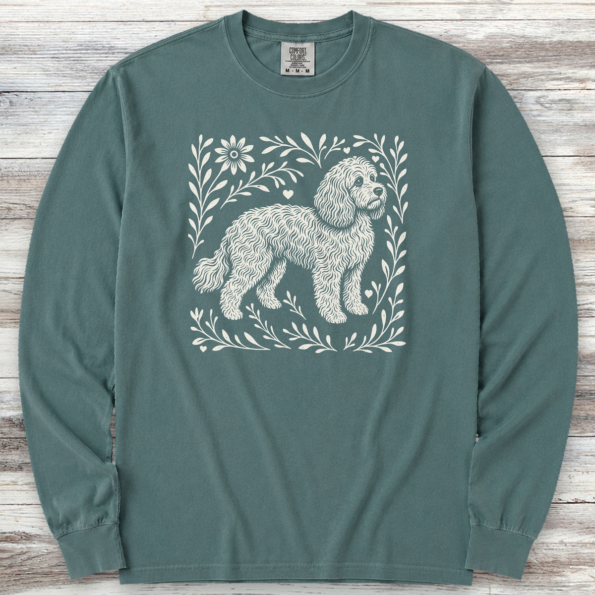 Cockapoo Linocut Long Sleeve Tee - Blue Spruce