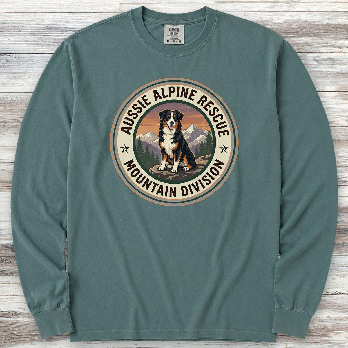 Australian Shepherd Black Tri Alpine Rescue Long Sleeve Tee - Blue Spruce
