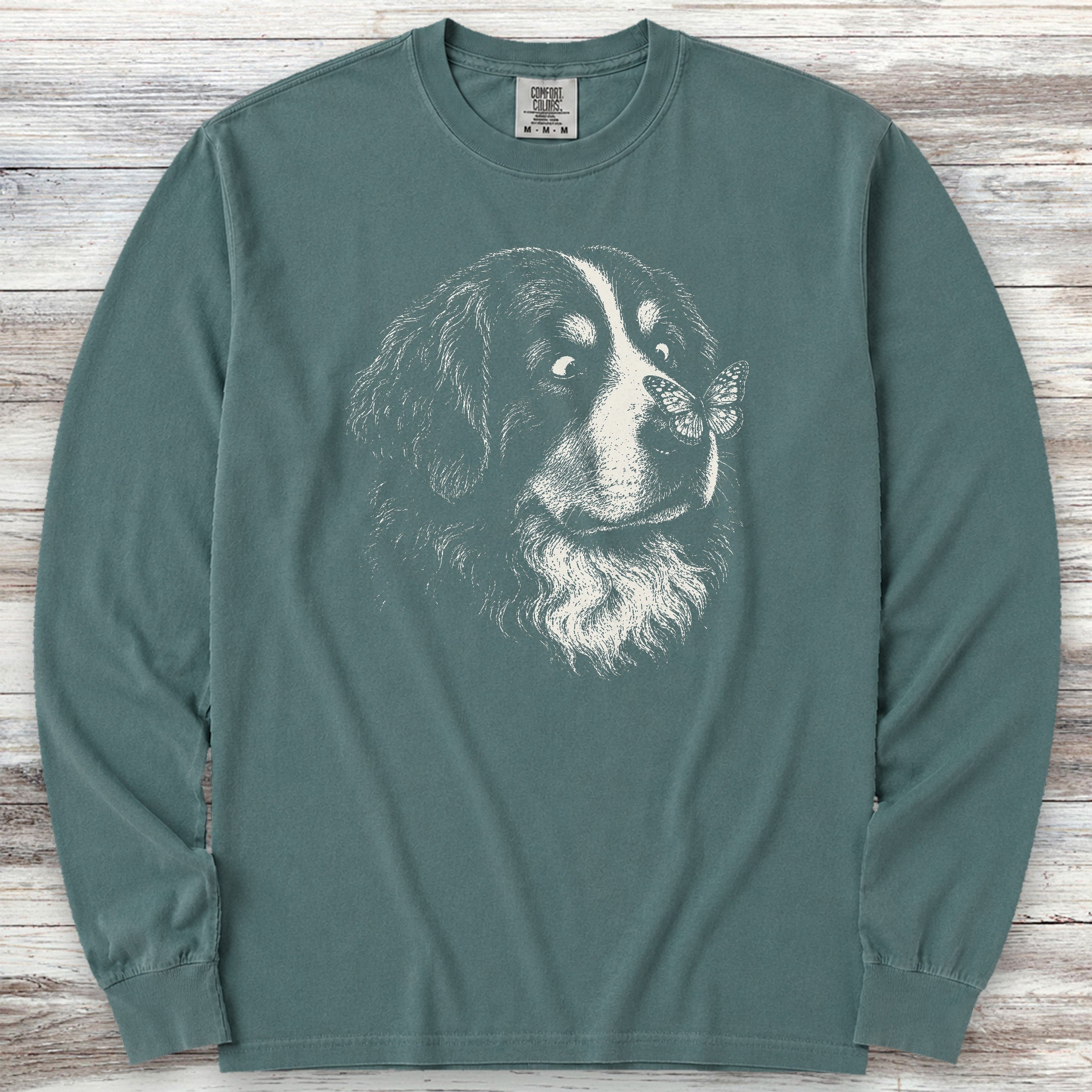 Bernese Mountain Dog Butterfly Long Sleeve Tee - Blue Spruce