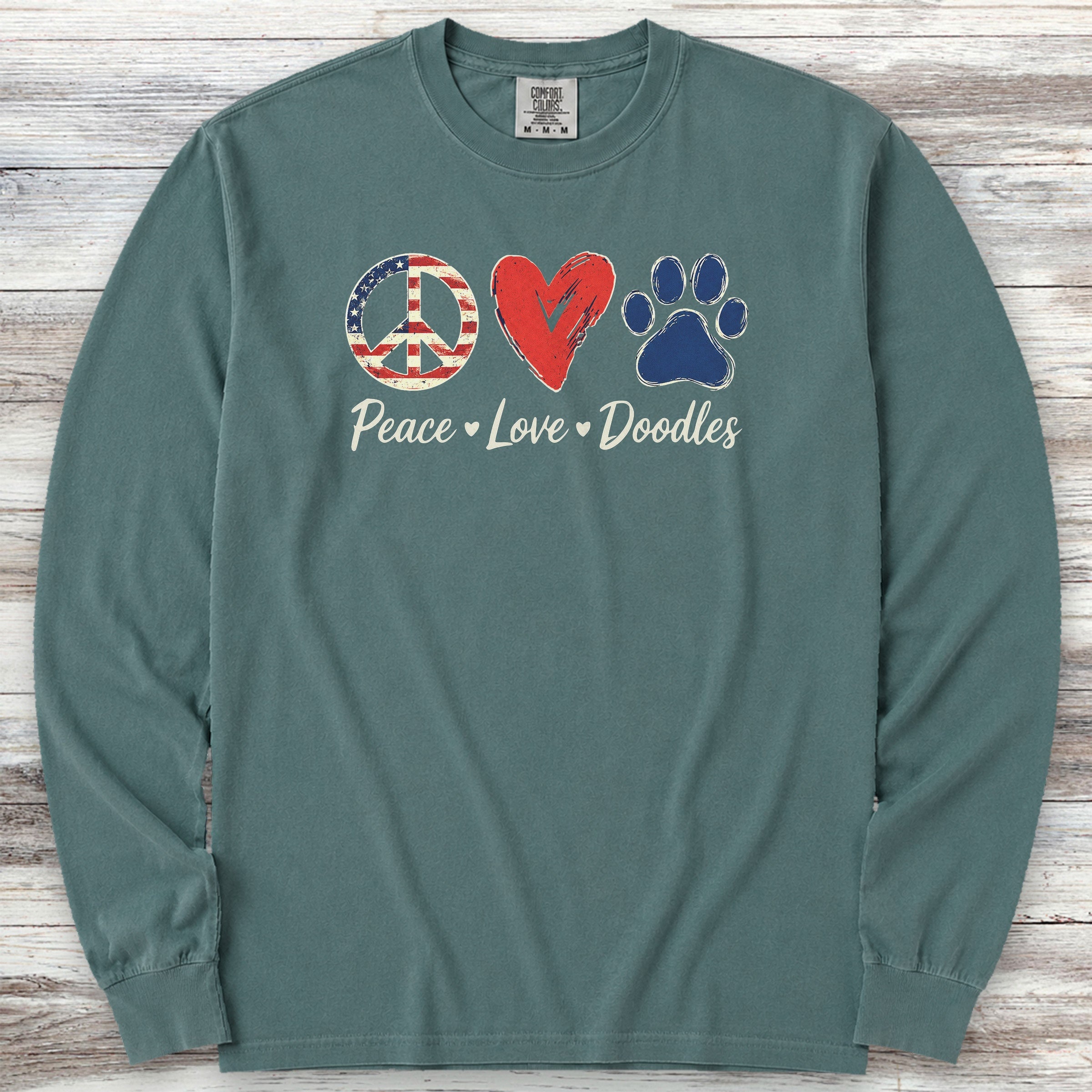 Peace Love Doodles USA Long Sleeve Tee - Blue Spruce