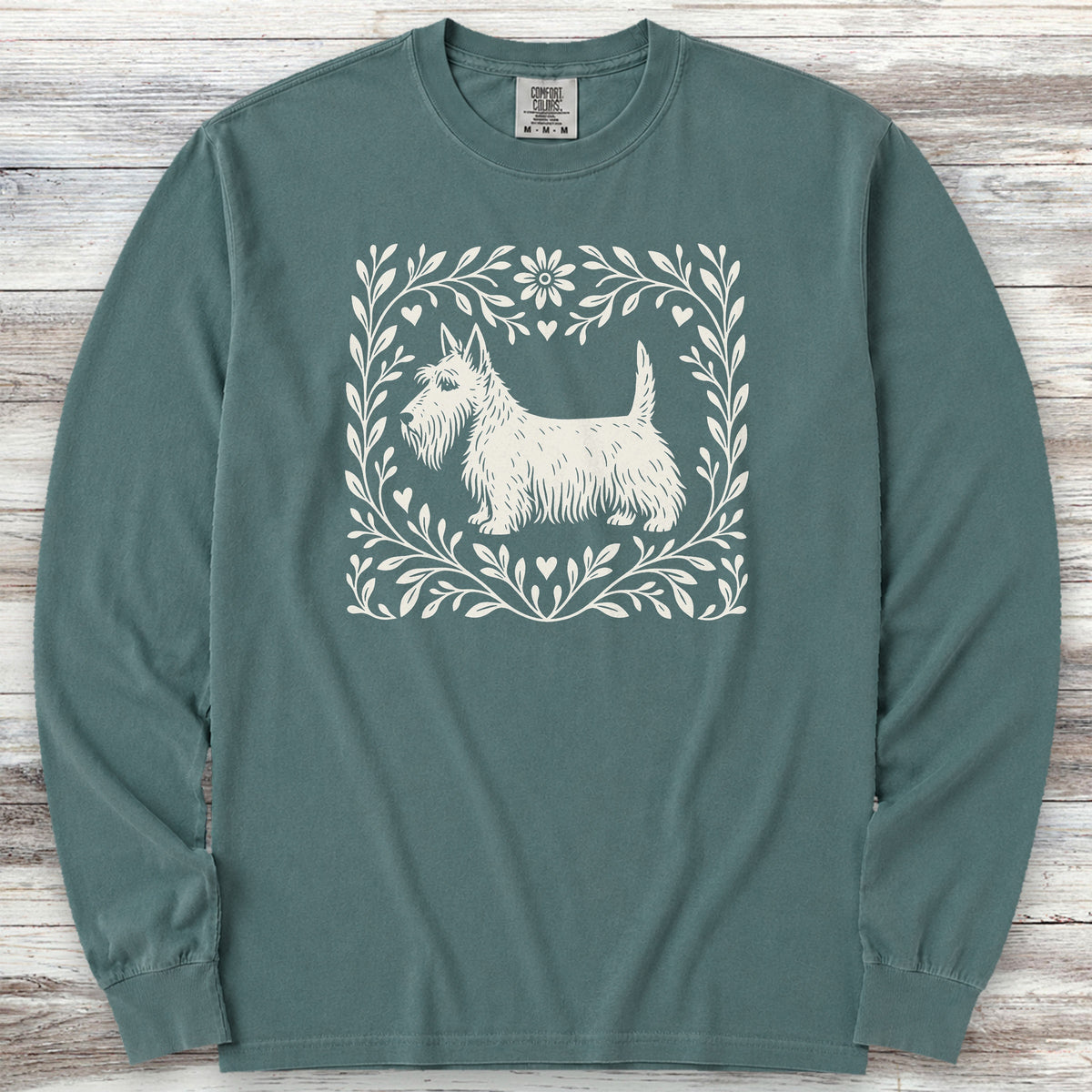 Scottish Terrier Linocut Long Sleeve Tee - Blue Spruce