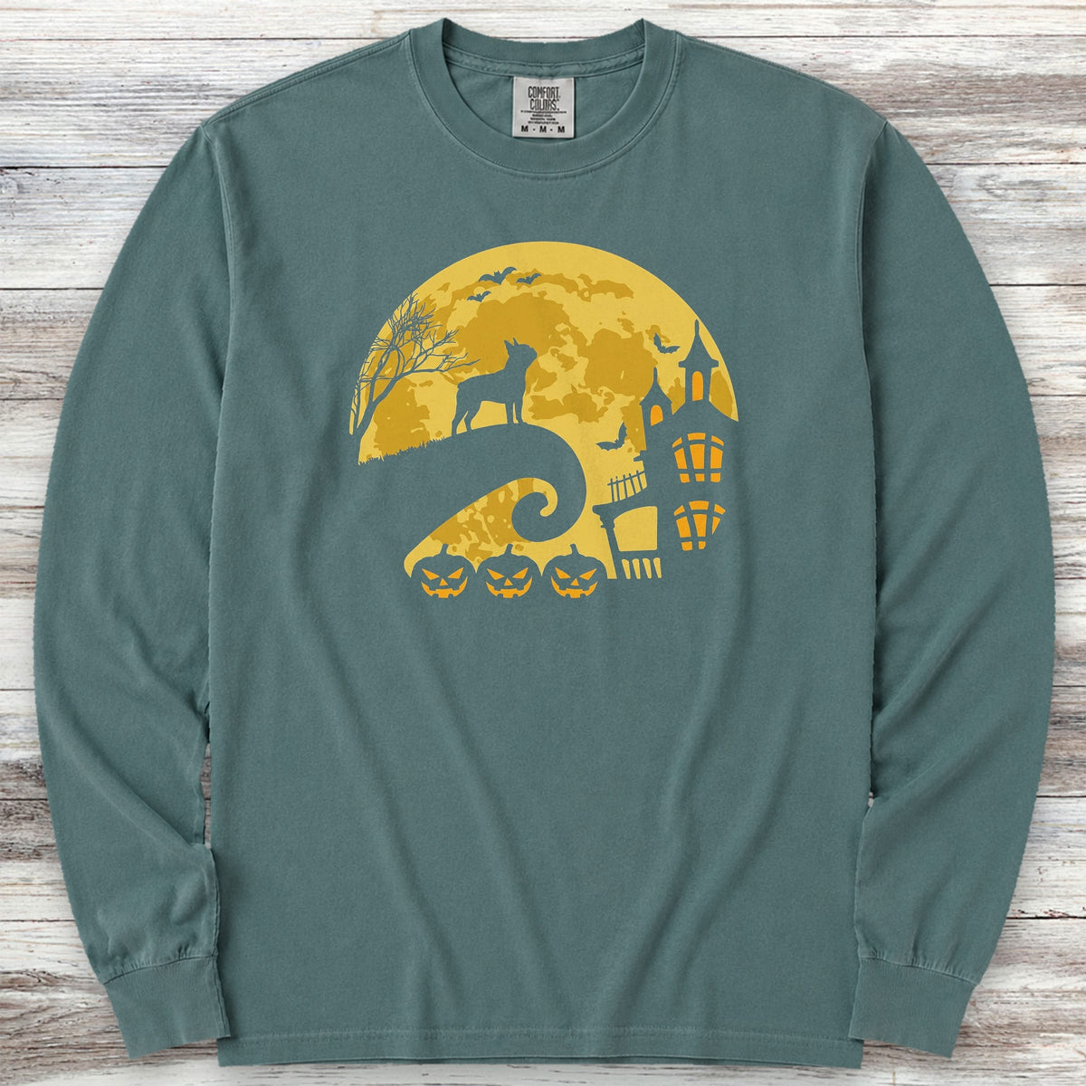 Boston Terrier Halloween Moon Long Sleeve Tee - Blue Spruce