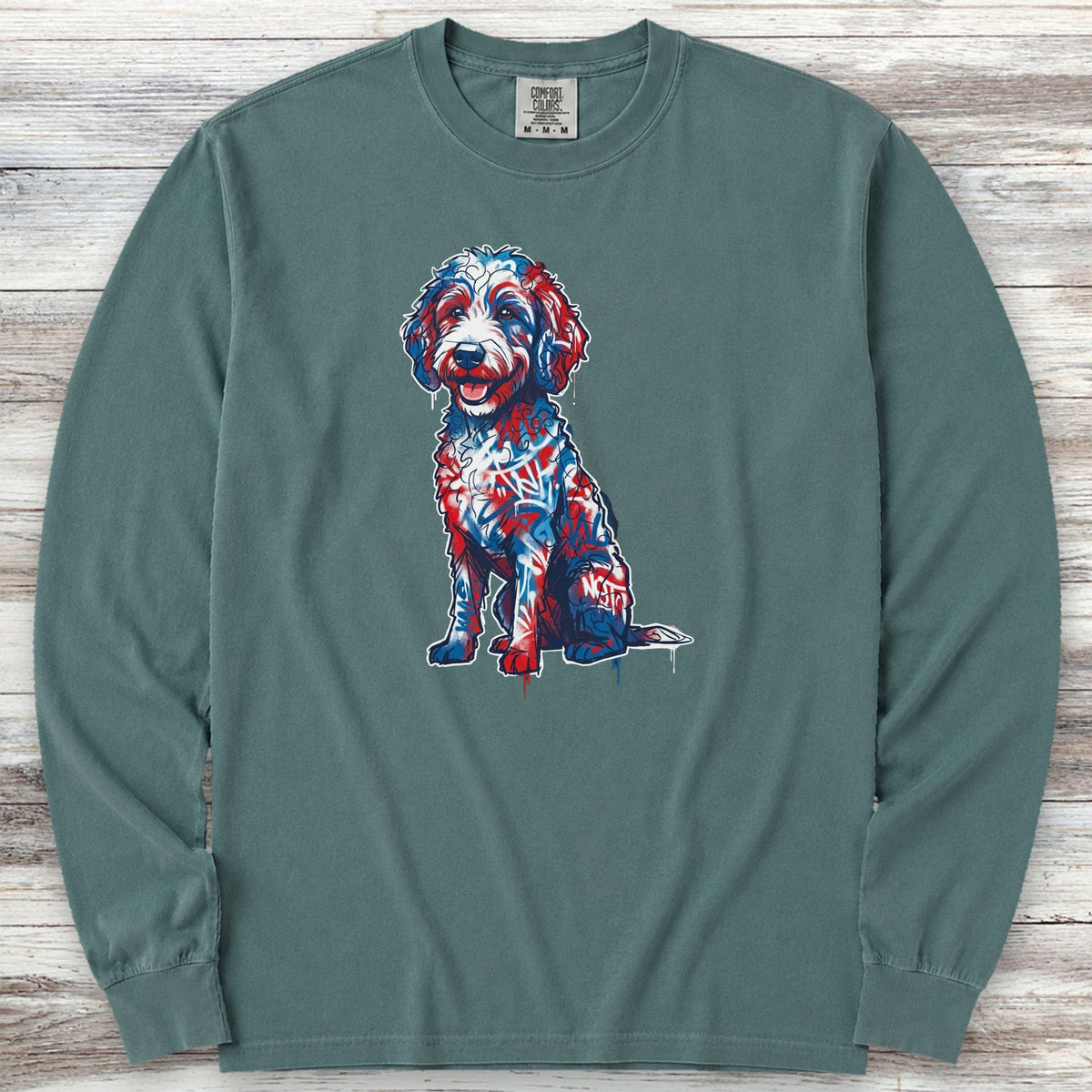 Doodle American Graffiti Art Long Sleeve Tee - Blue Spruce