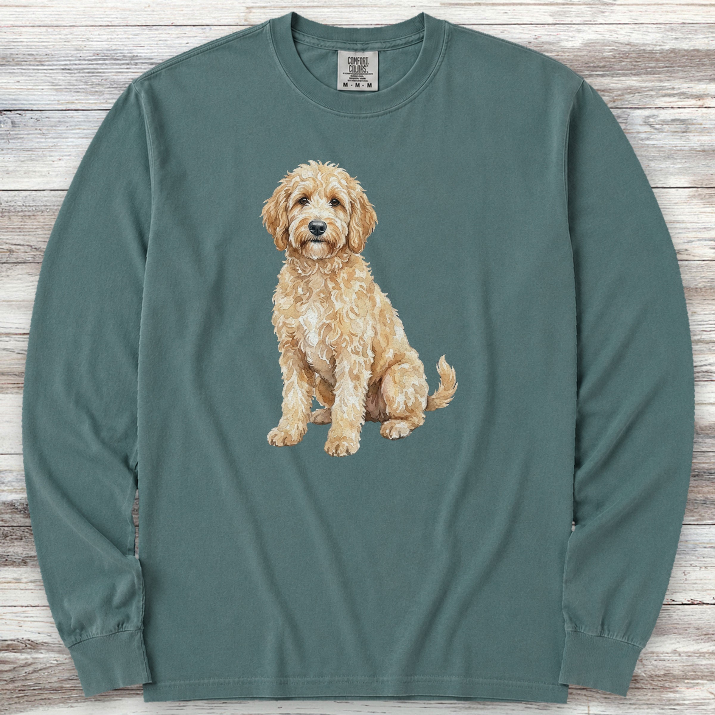 Goldendoodle Watercolor Long Sleeve Tee - Blue Spruce