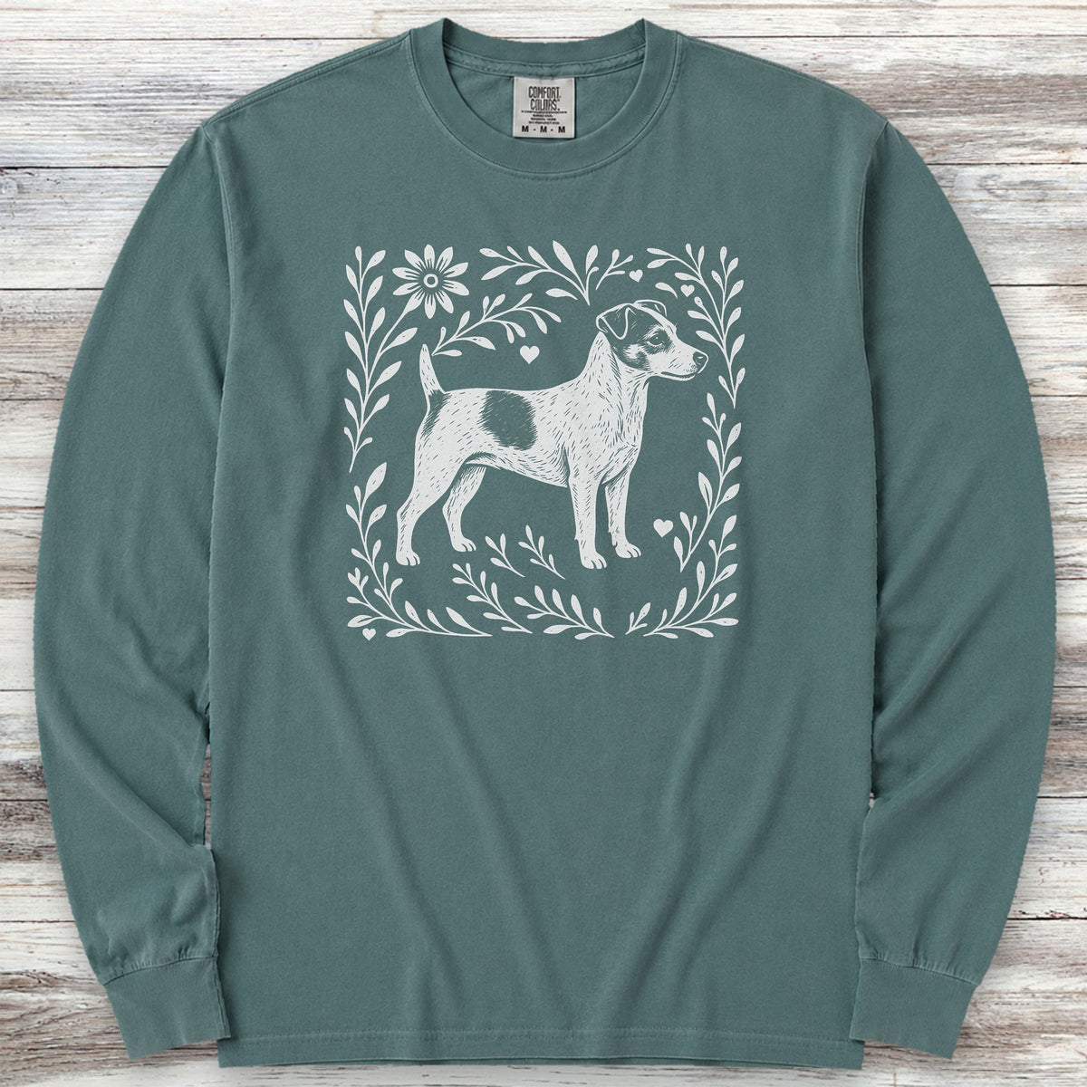 Jack Russell Linocut Long Sleeve Tee - Blue Spruce