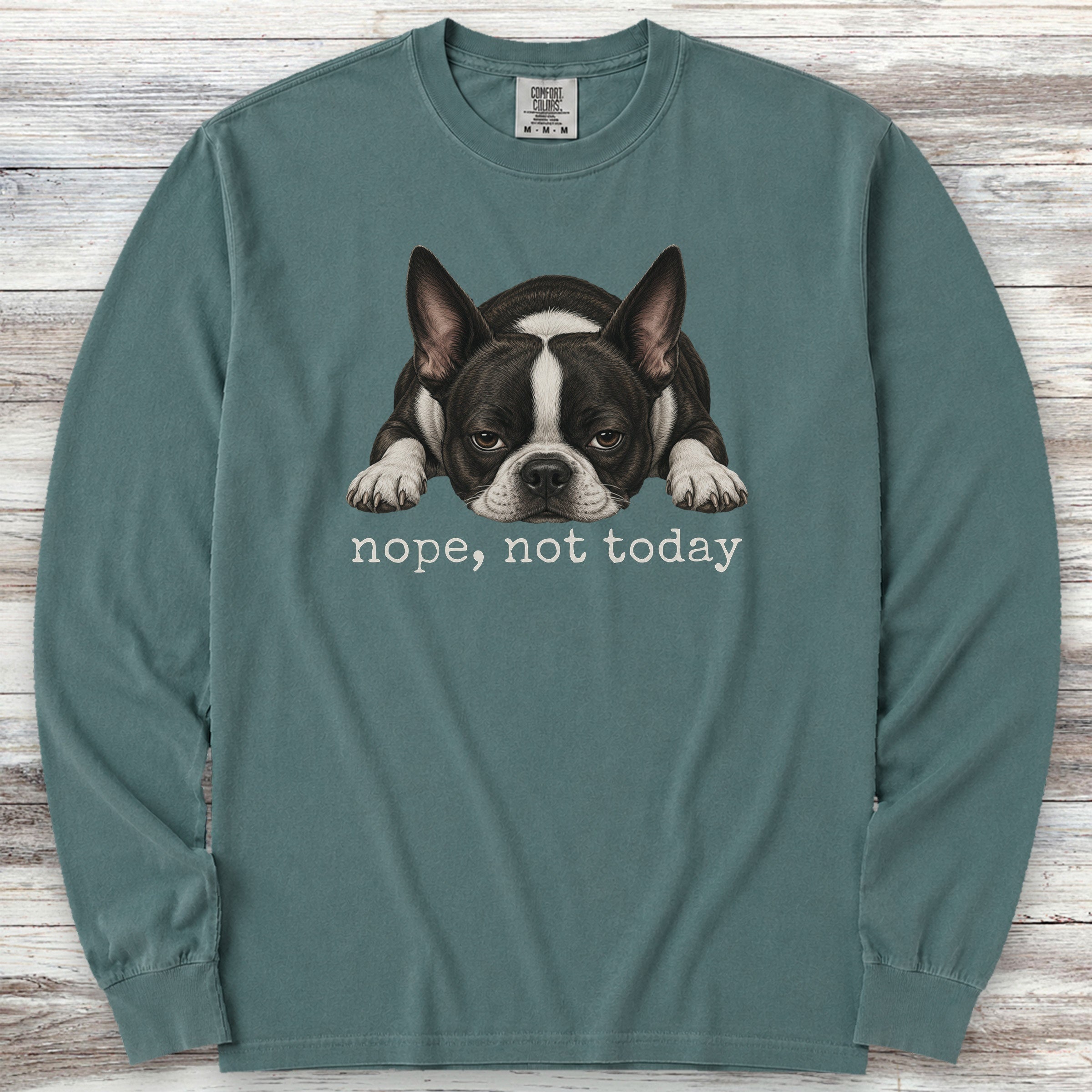 Boston Terrier Nope Long Sleeve Tee - Blue Spruce