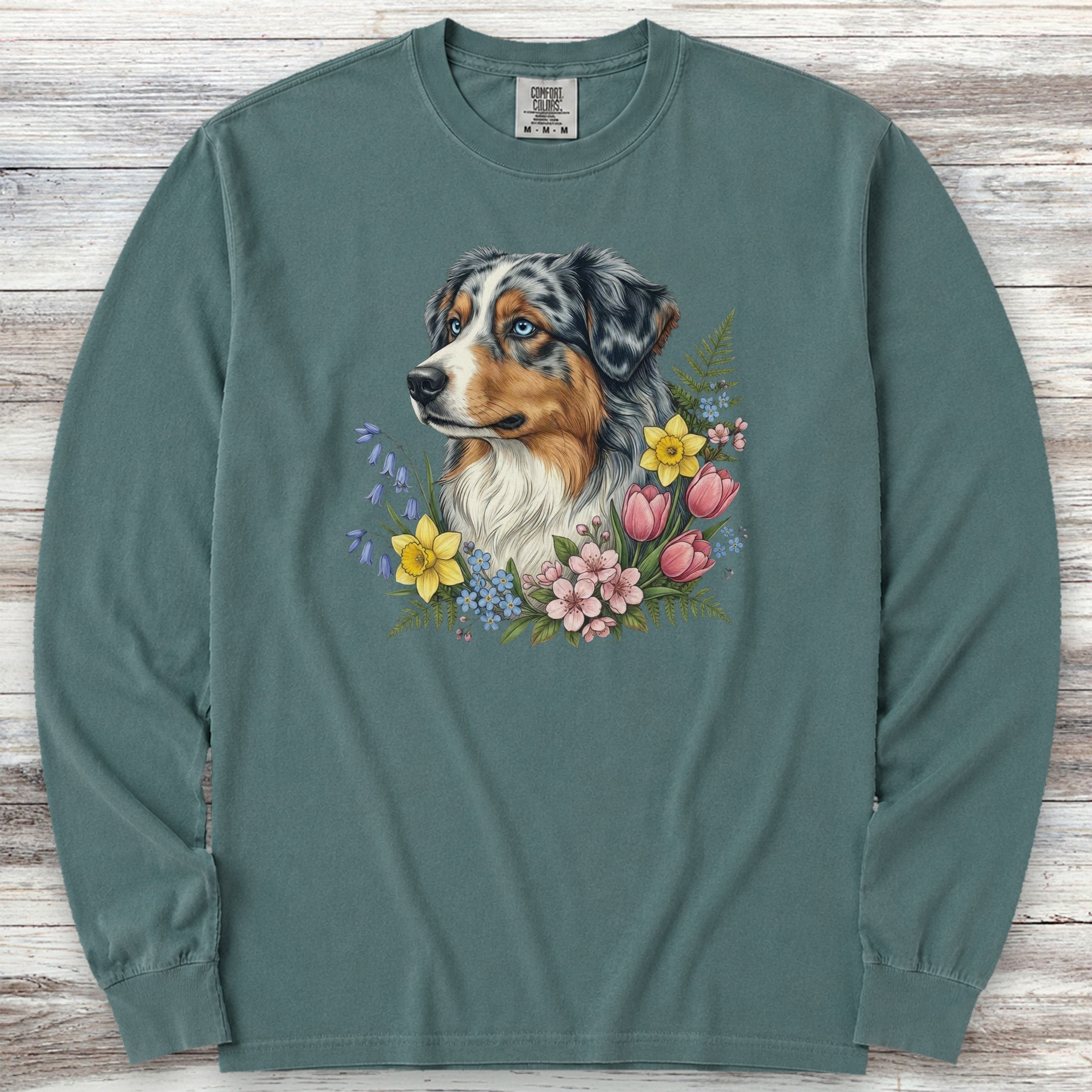 Australian Shepherd Merle Blue Eyes Portrait Long Sleeve Tee - Blue Spruce
