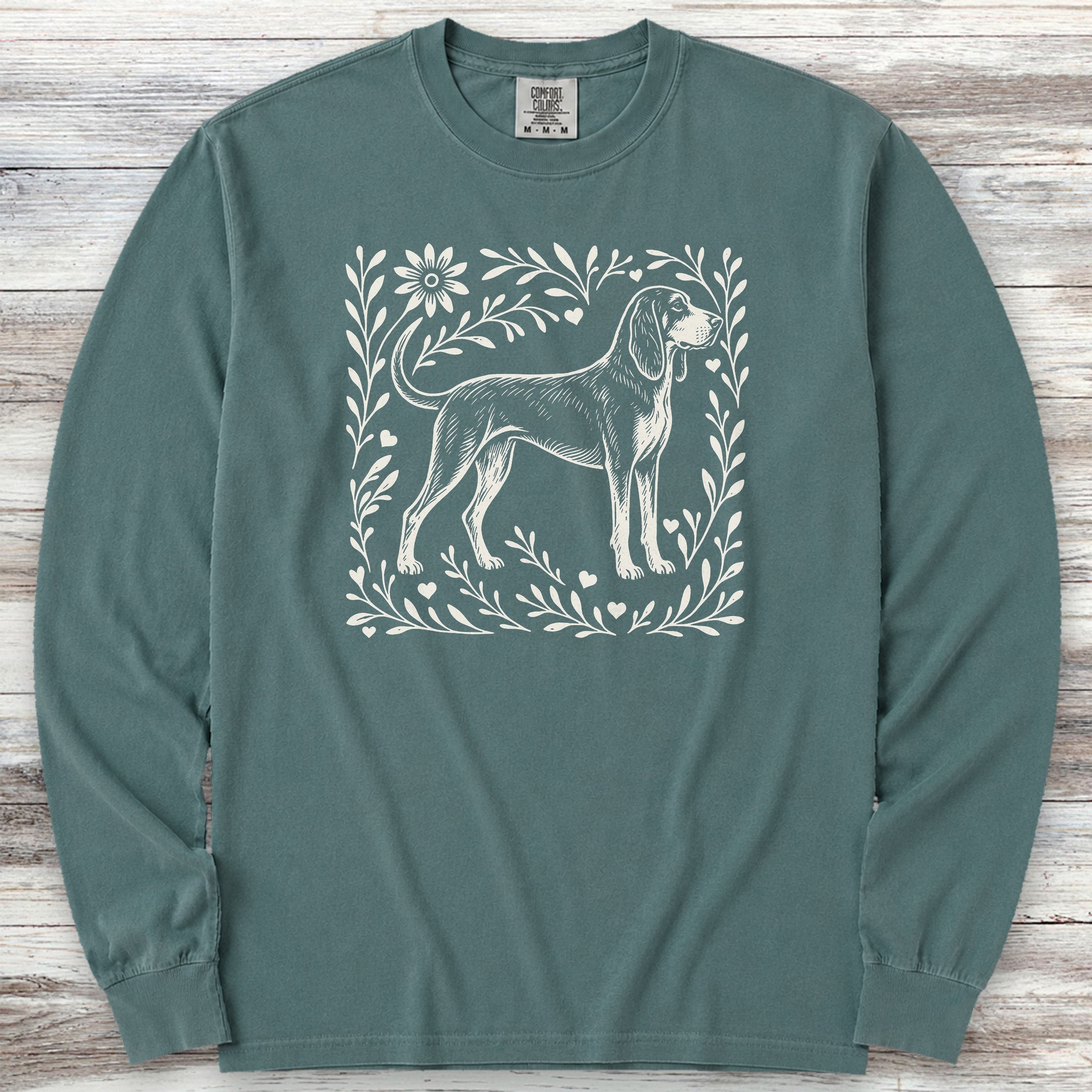 Coonhound Linocut Long Sleeve Tee - Blue Spruce