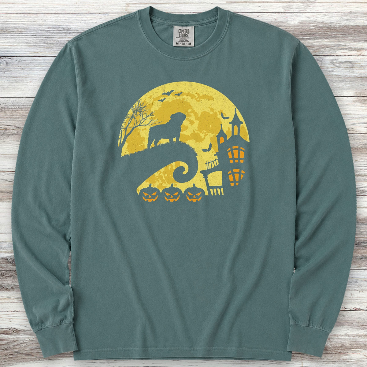 English Bulldog Halloween Moon Long Sleeve Tee - Blue Spruce