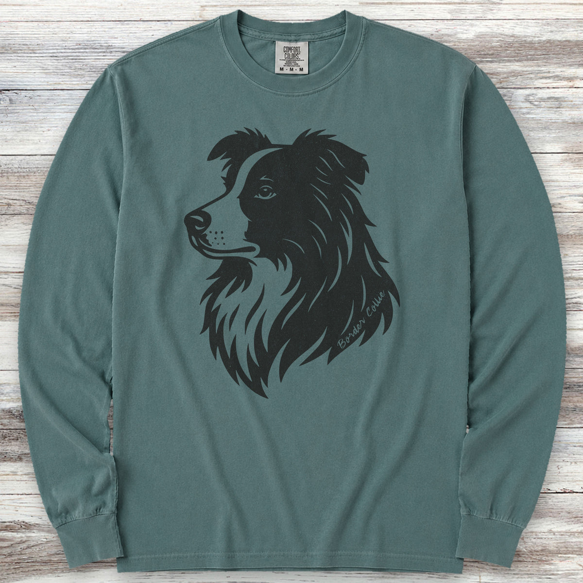 Border Collie Woodcut Portrait Long Sleeve Tee - Blue Spruce