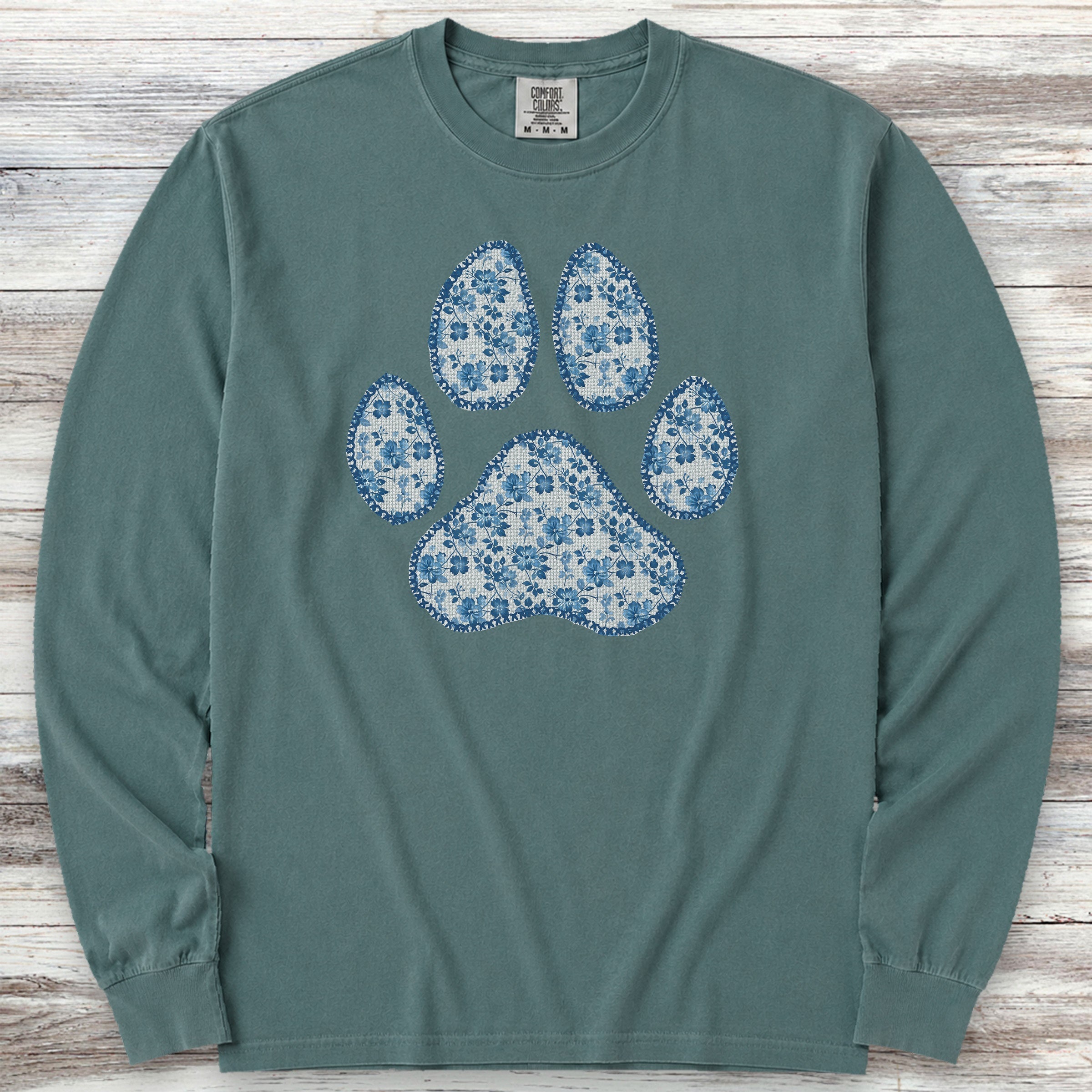 Blue Floral Paw Print Long Sleeve Tee - Blue Spruce