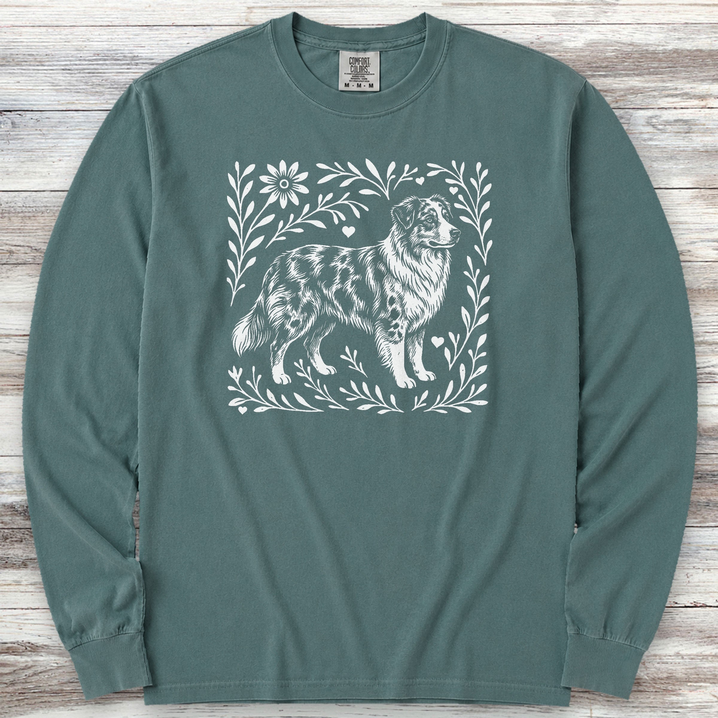 Australian Shepherd Merle Linocut Long Sleeve Tee - Blue Spruce