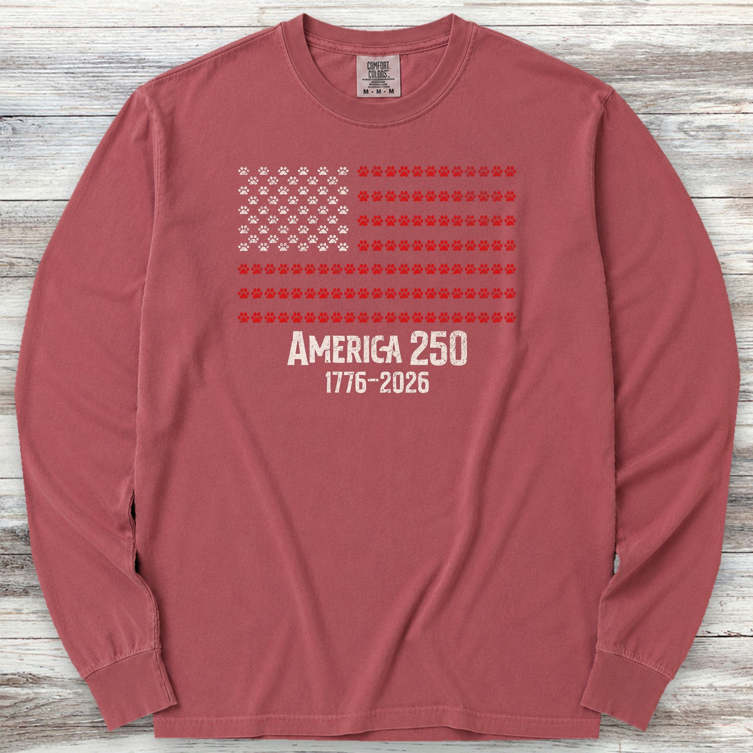 Vintage Red White & Paws 1776-2026 Long Sleeve Tee - Brick
