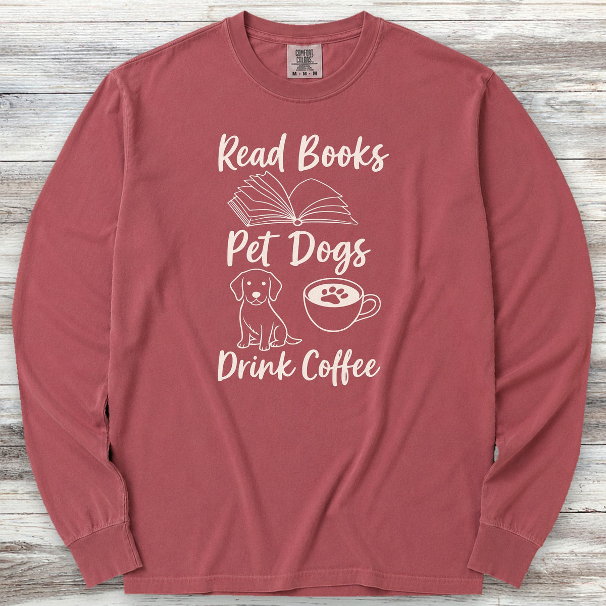 Books Dogs Coffee Long Sleeve Tee - Brick