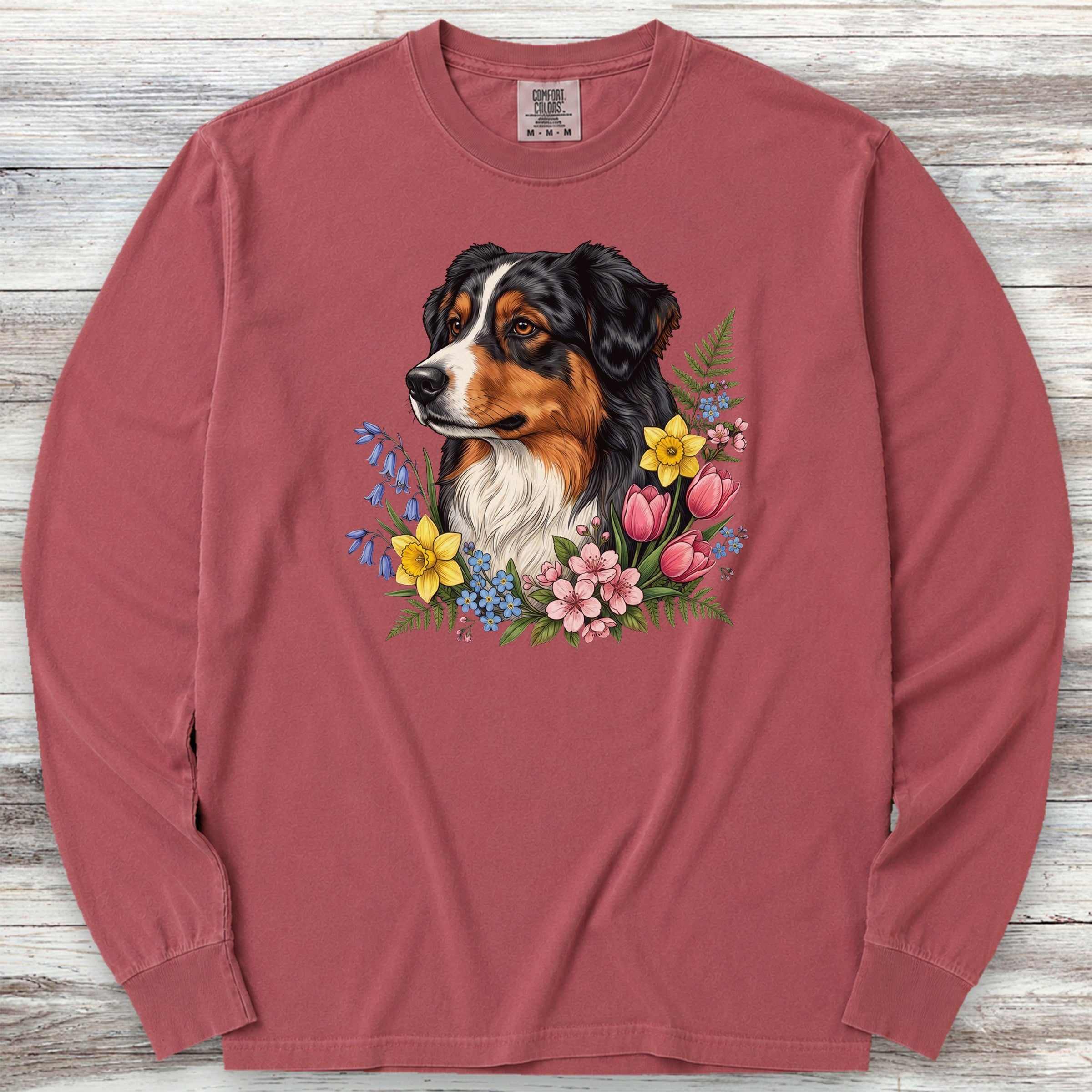 Australian Shepherd Tri Portrait Long Sleeve Tee - Brick