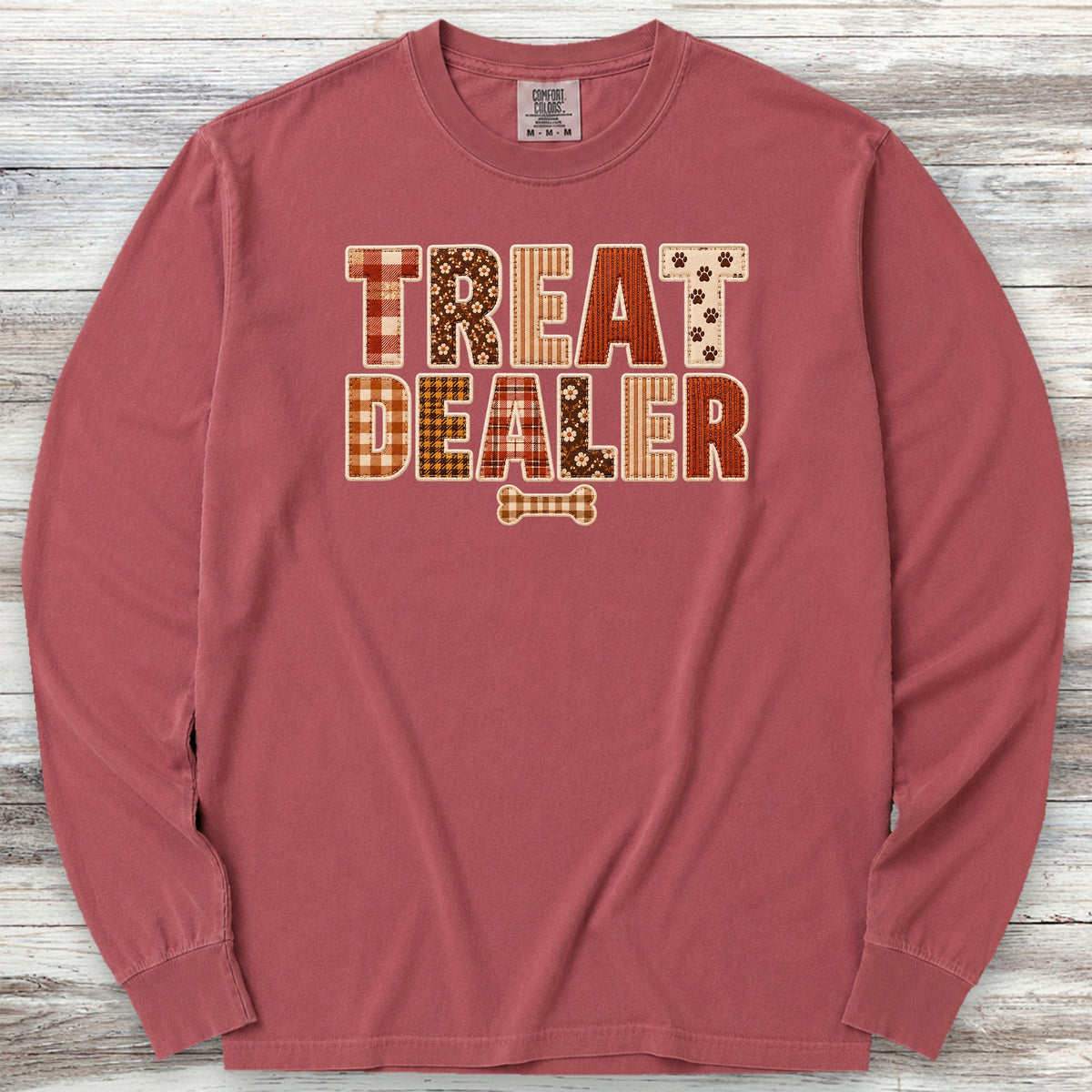 Treat Dealer Fall Faux Patchwork Long Sleeve Tee - Brick