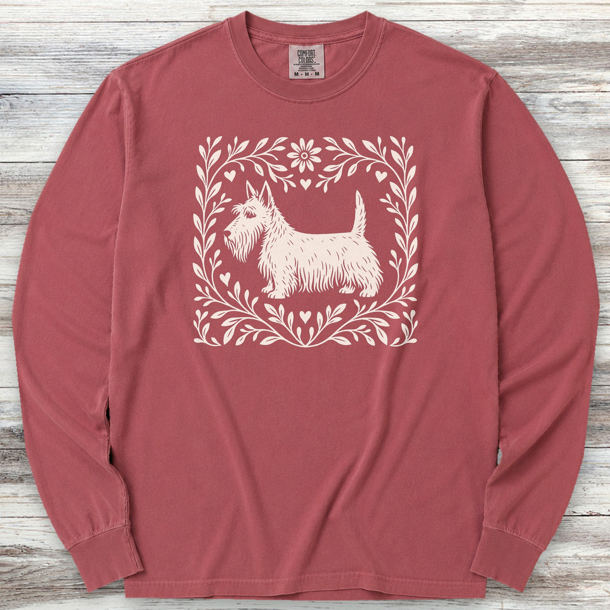 Scottish Terrier Linocut Long Sleeve Tee - Brick