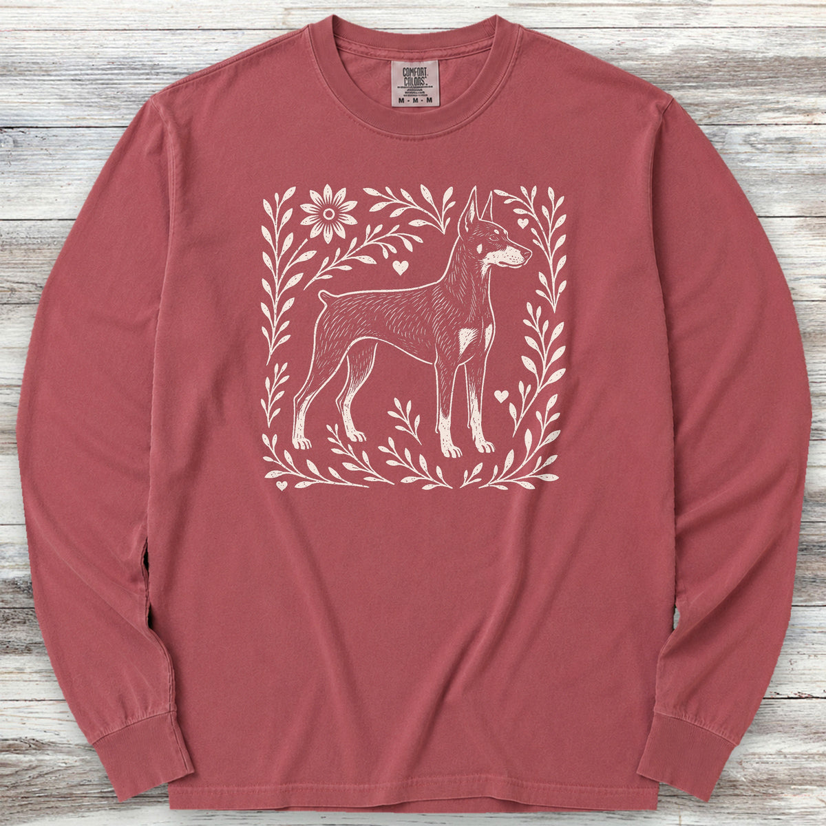 Doberman Linocut Long Sleeve Tee - Brick