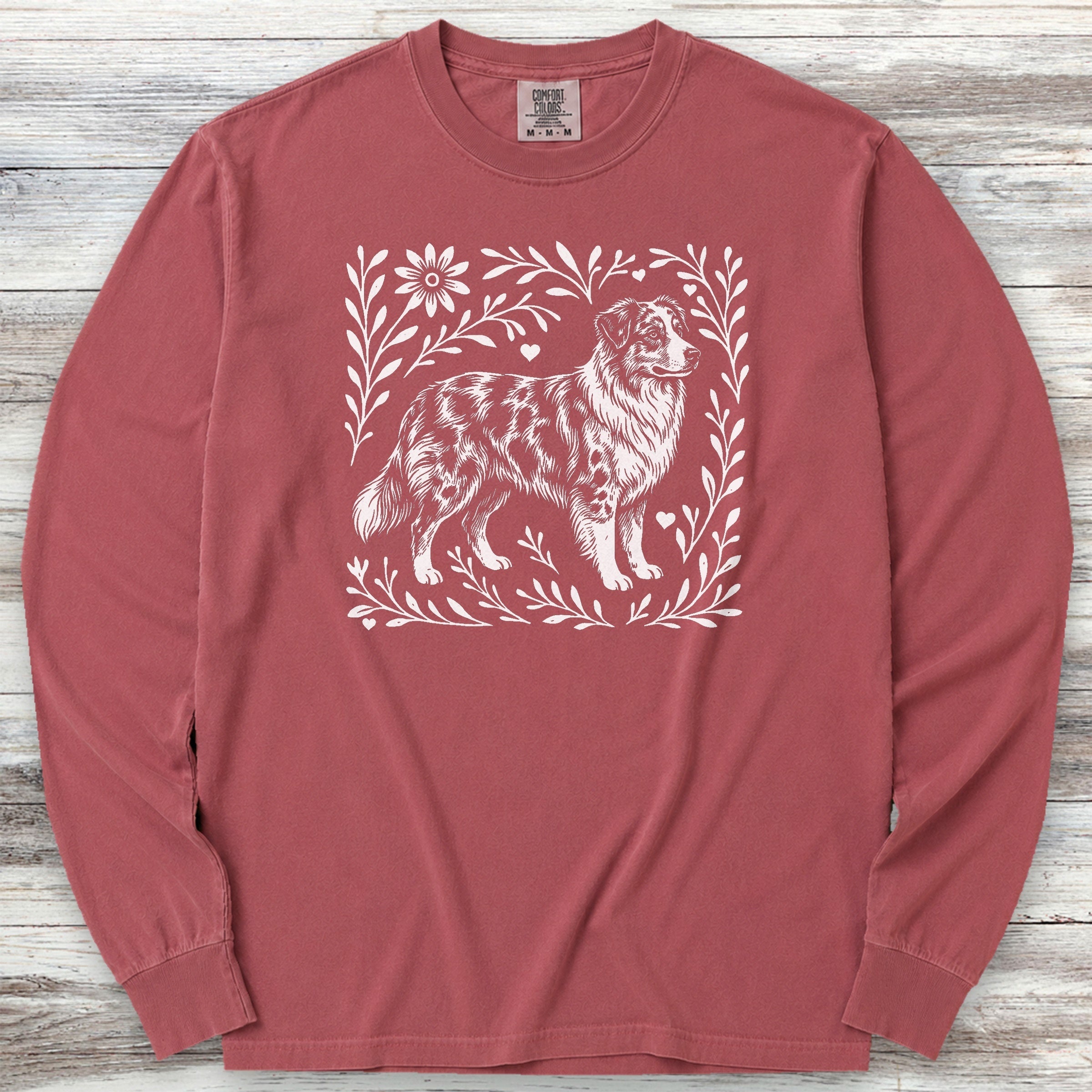 Australian Shepherd Merle Linocut Long Sleeve Tee - Brick