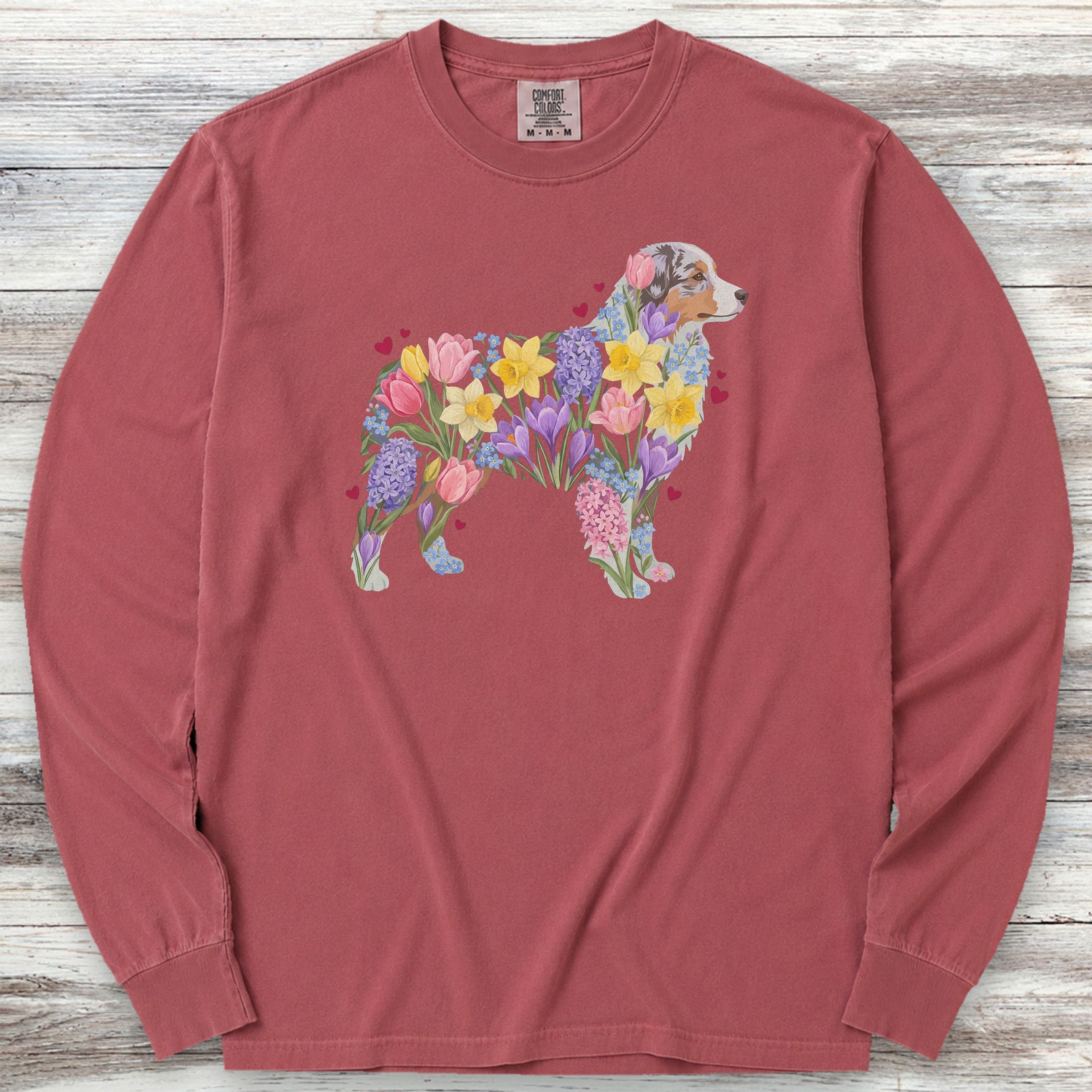 Australian Shepherd Spring Floral Silhouette Long Sleeve Tee - Brick
