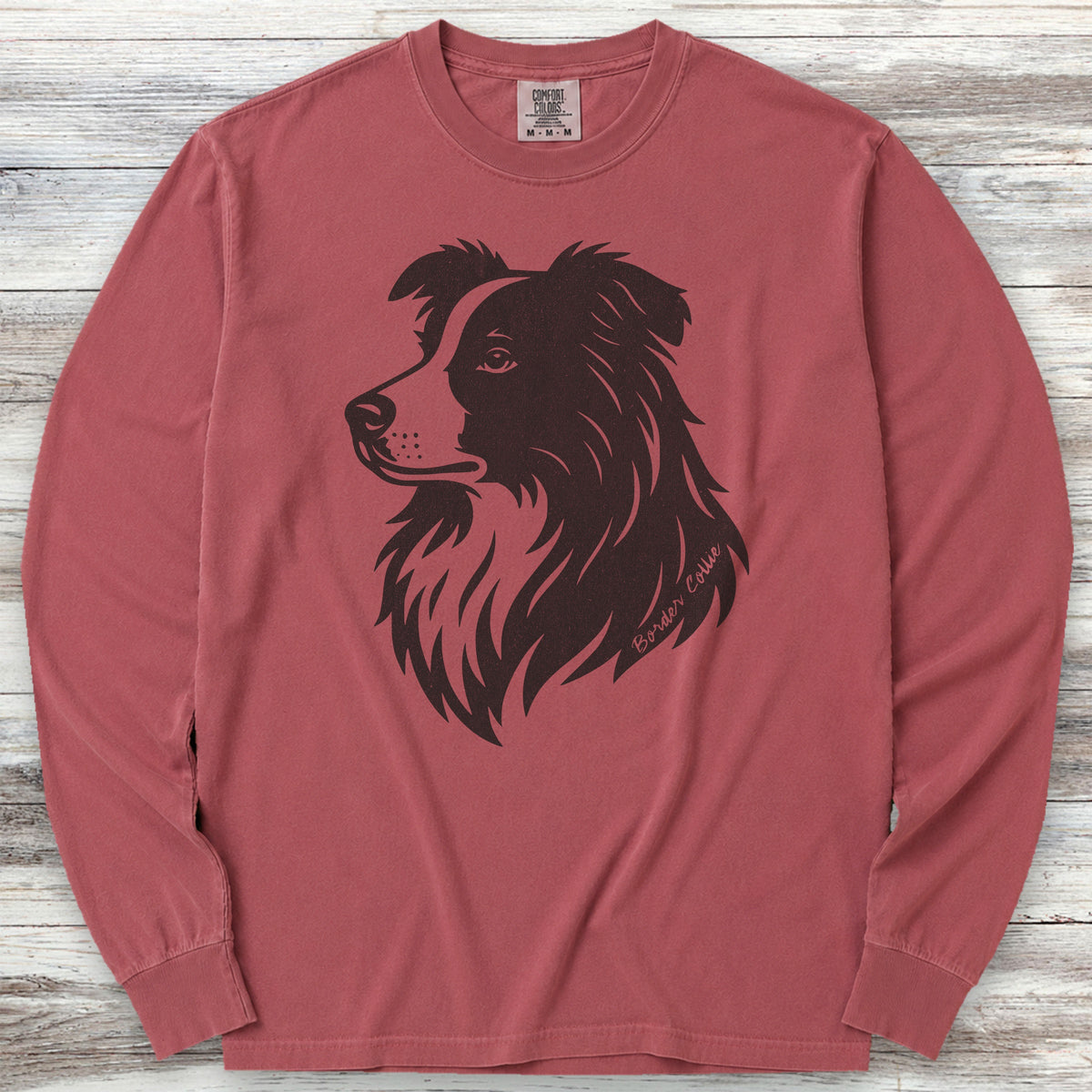 Border Collie Woodcut Portrait Long Sleeve Tee - Brick