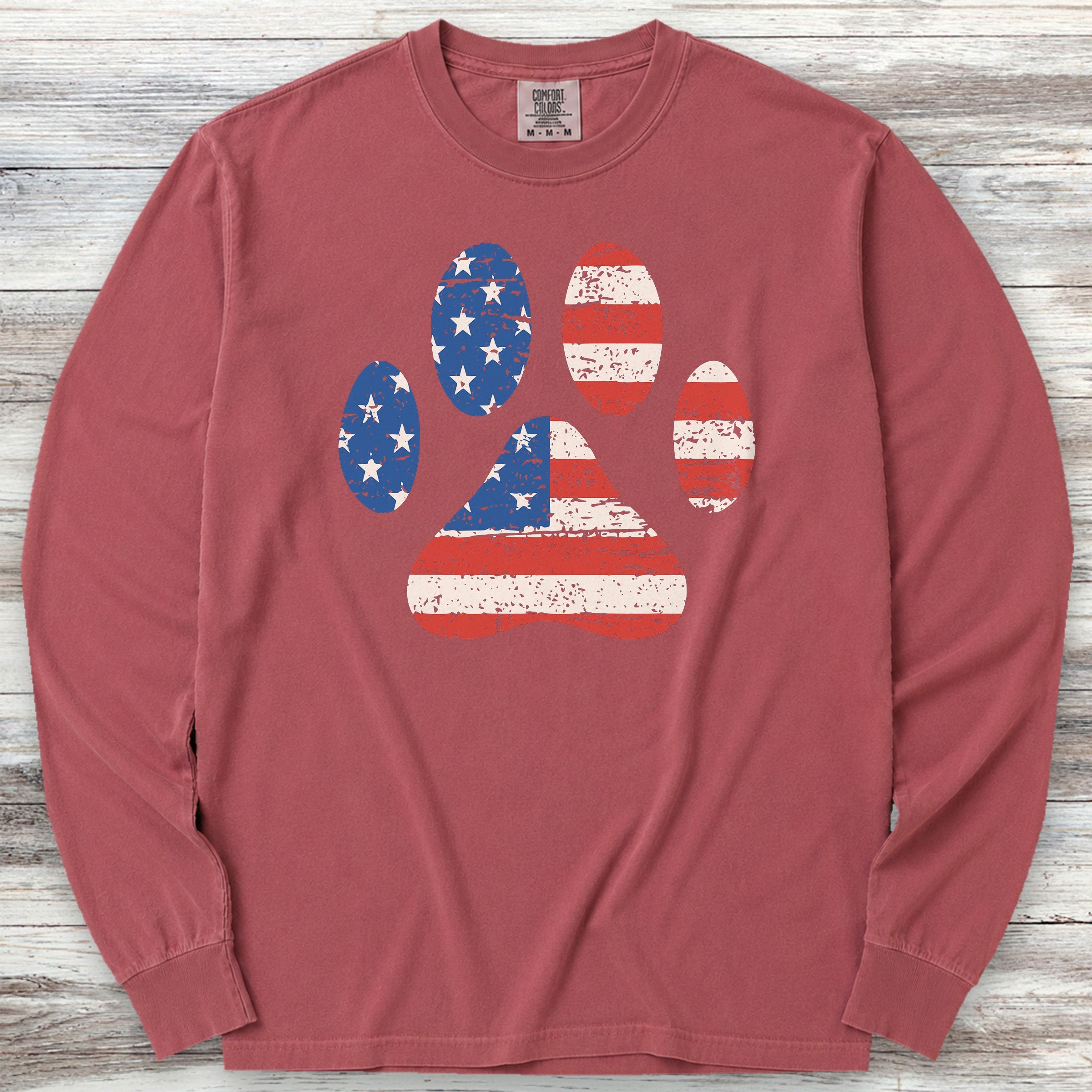 Stars & Stripes Paw Print Long Sleeve Tee - Brick
