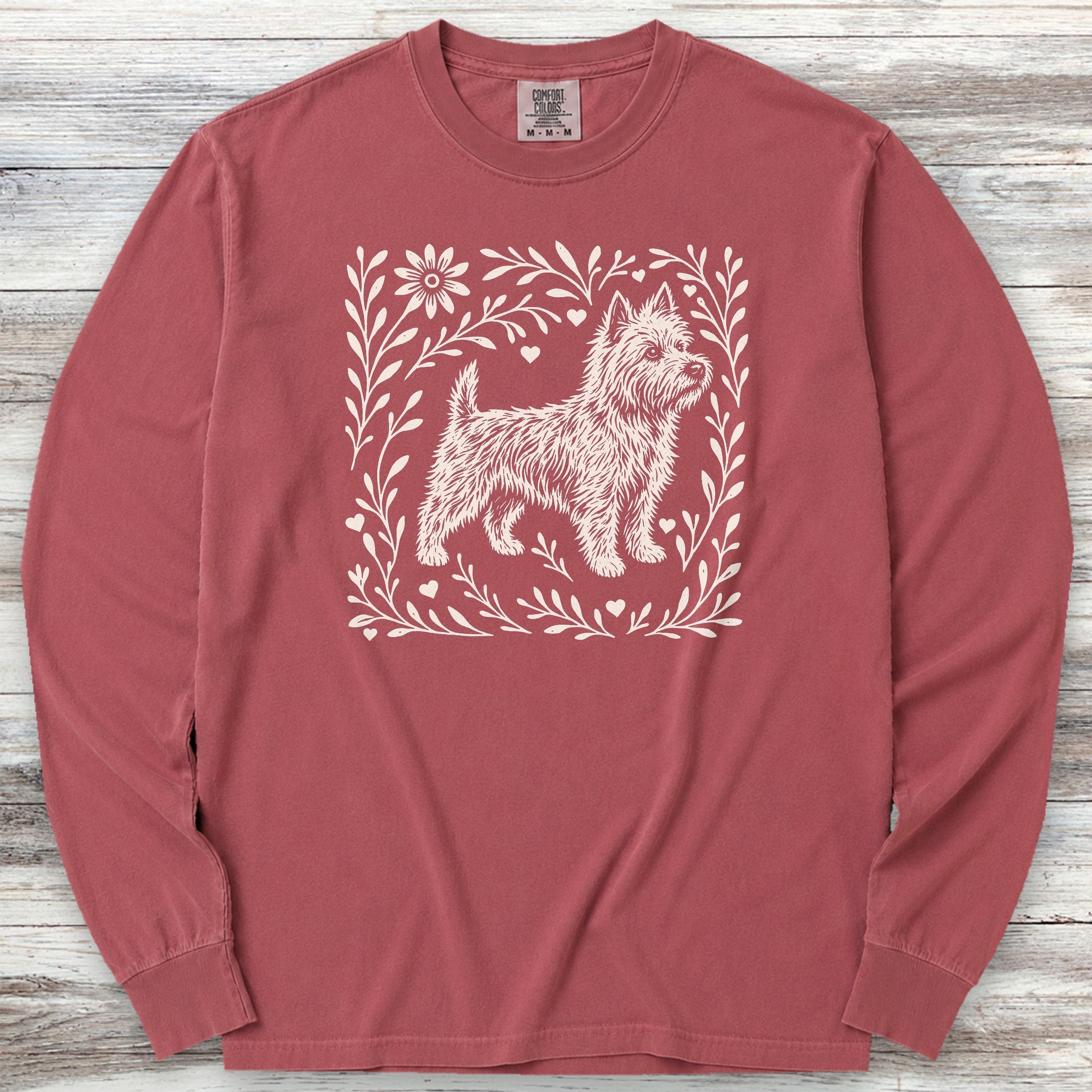 Cairn Terrier Linocut Long Sleeve Tee - Brick