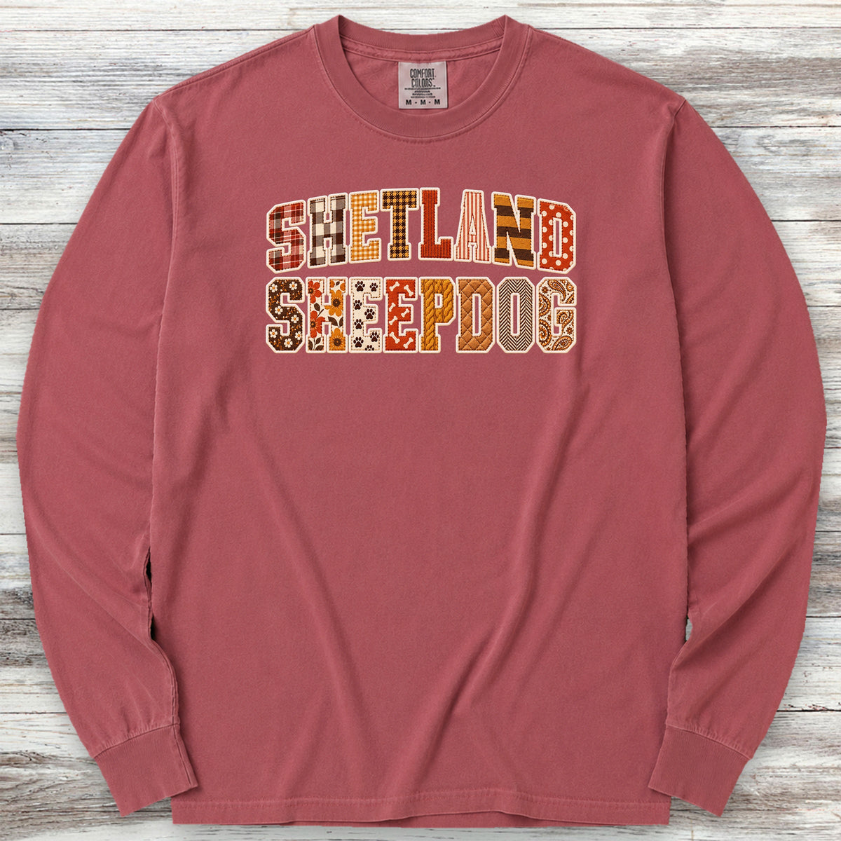 Shetland Sheepdog Fall Faux Patchwork Long Sleeve Tee - Brick