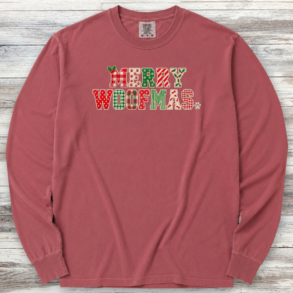 Merry Woofmas Faux Patchwork Long Sleeve Tee - Brick