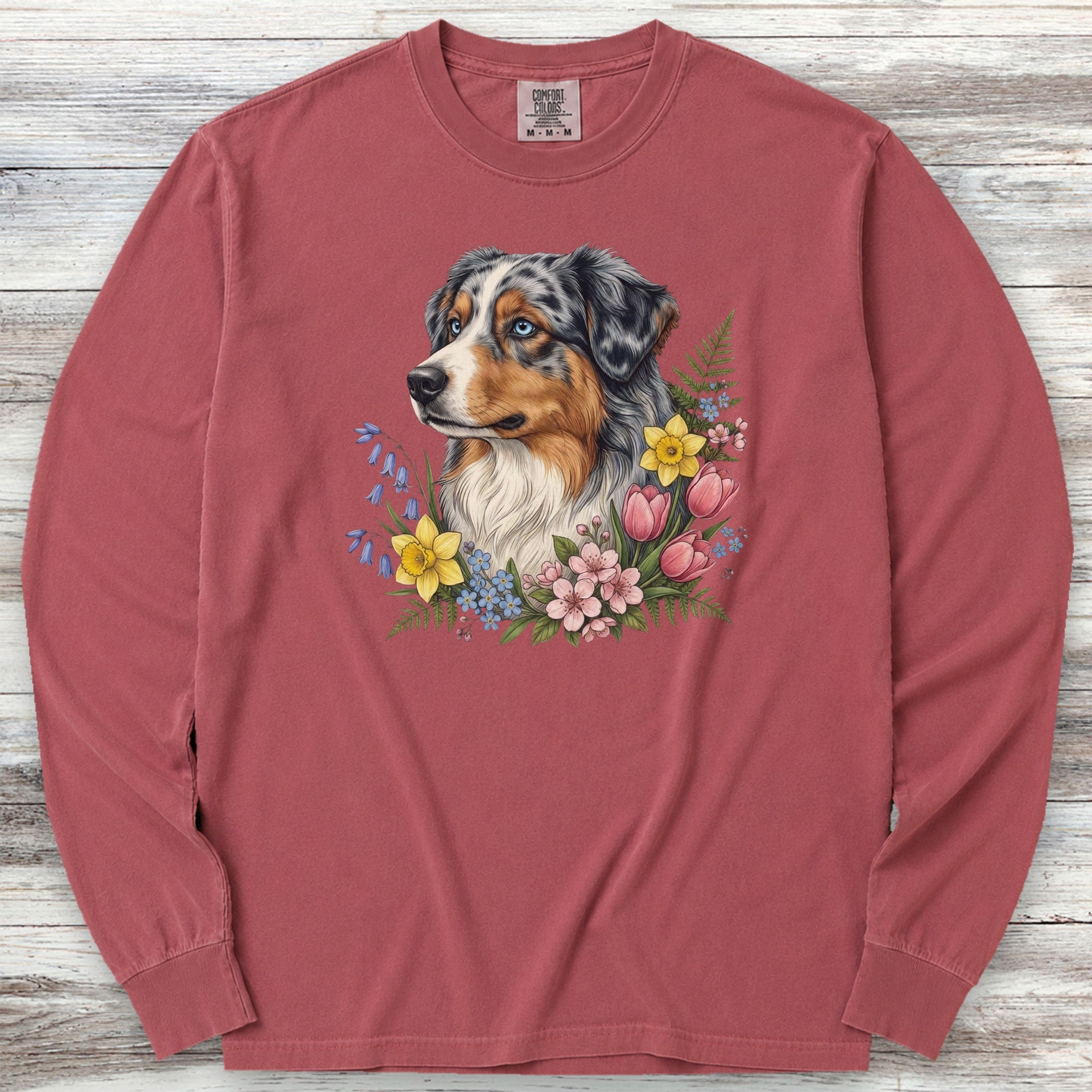 Australian Shepherd Merle Blue Eyes Portrait Long Sleeve Tee - Brick