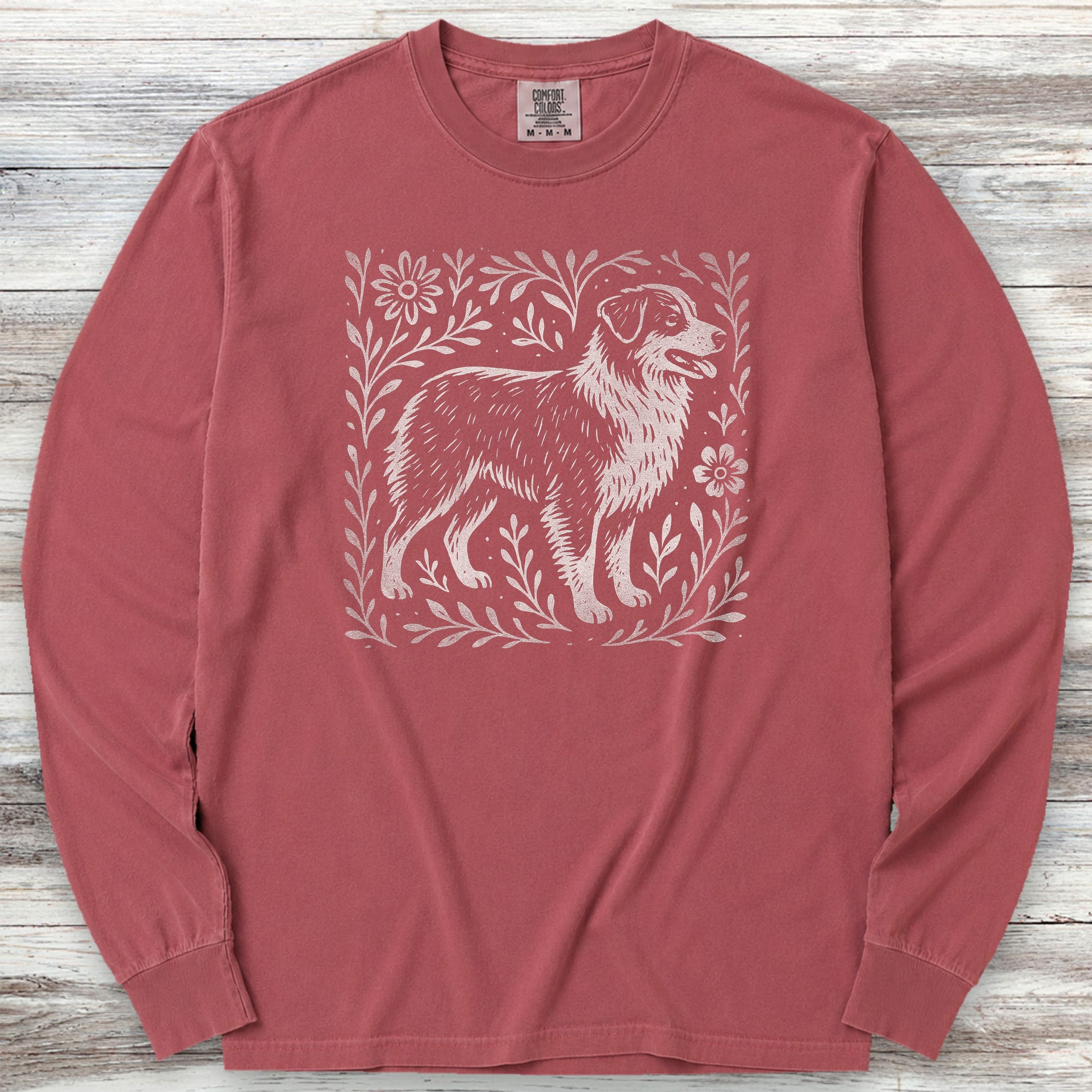 Australian Shepherd Linocut Long Sleeve Tee - Brick