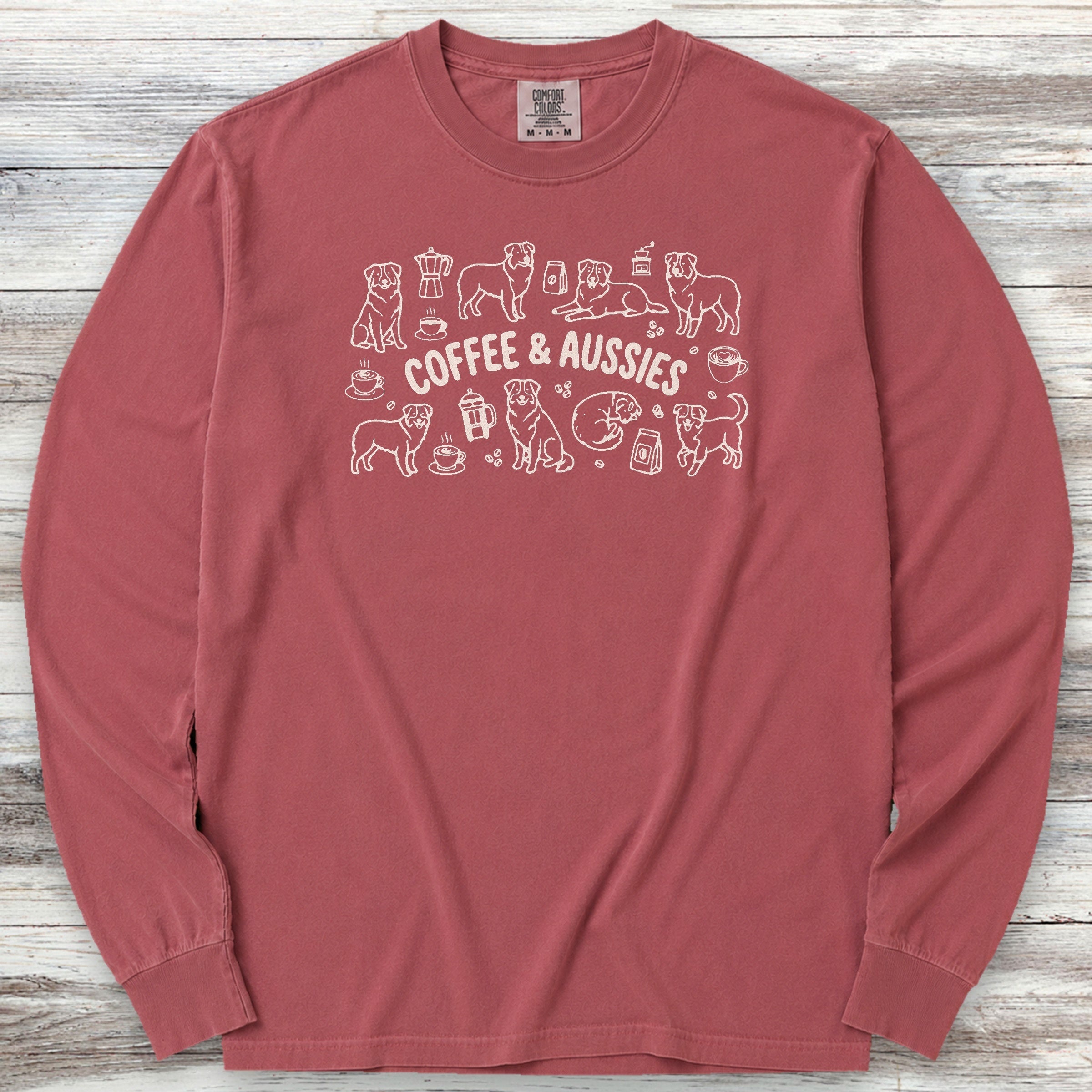 Australian Shepherd Coffee Doodles Long Sleeve Tee - Brick