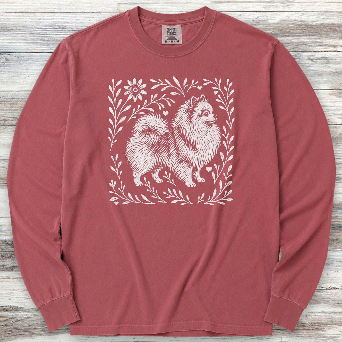 Pomeranian Linocut Long Sleeve Tee - Brick