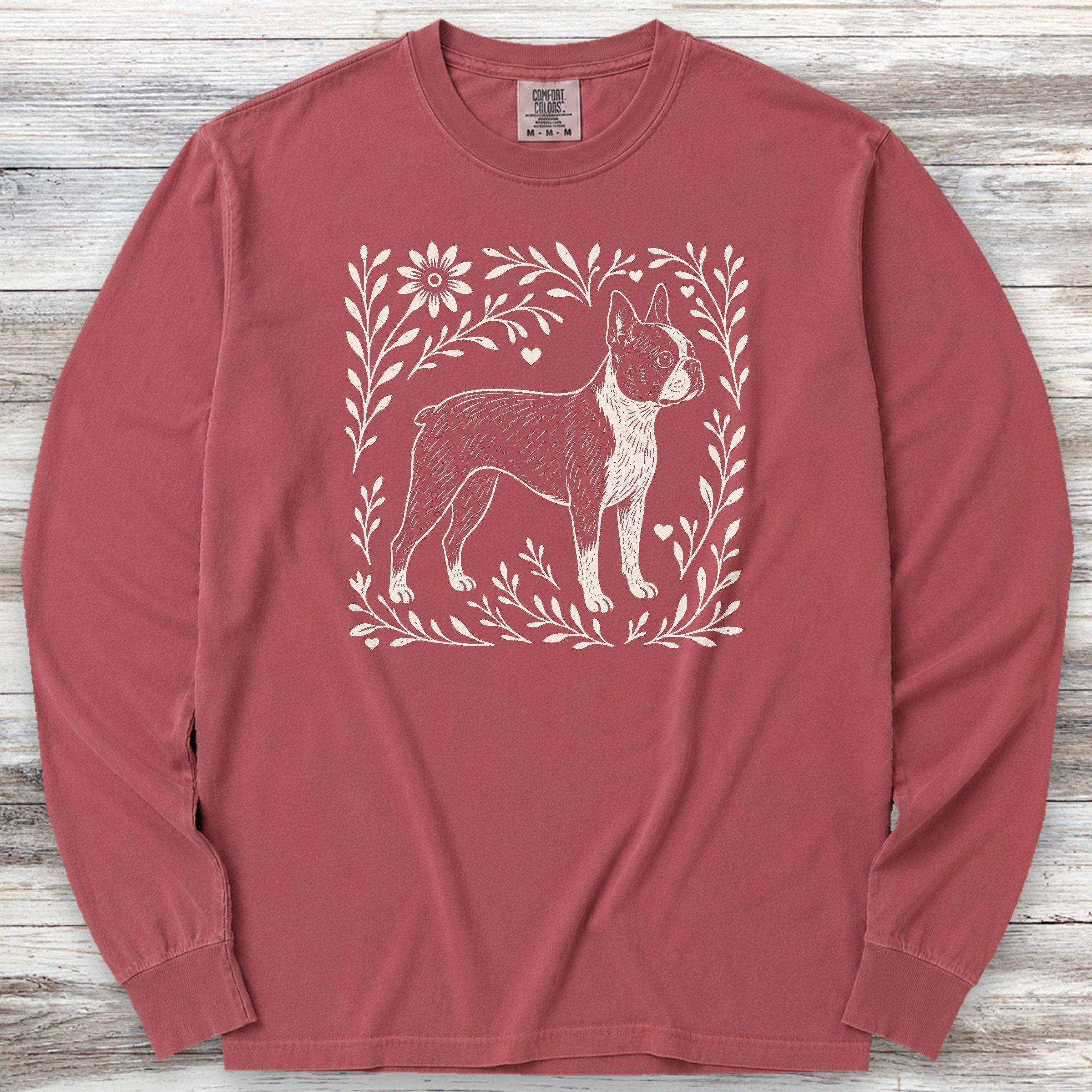 Boston Terrier Linocut Long Sleeve Tee - Brick