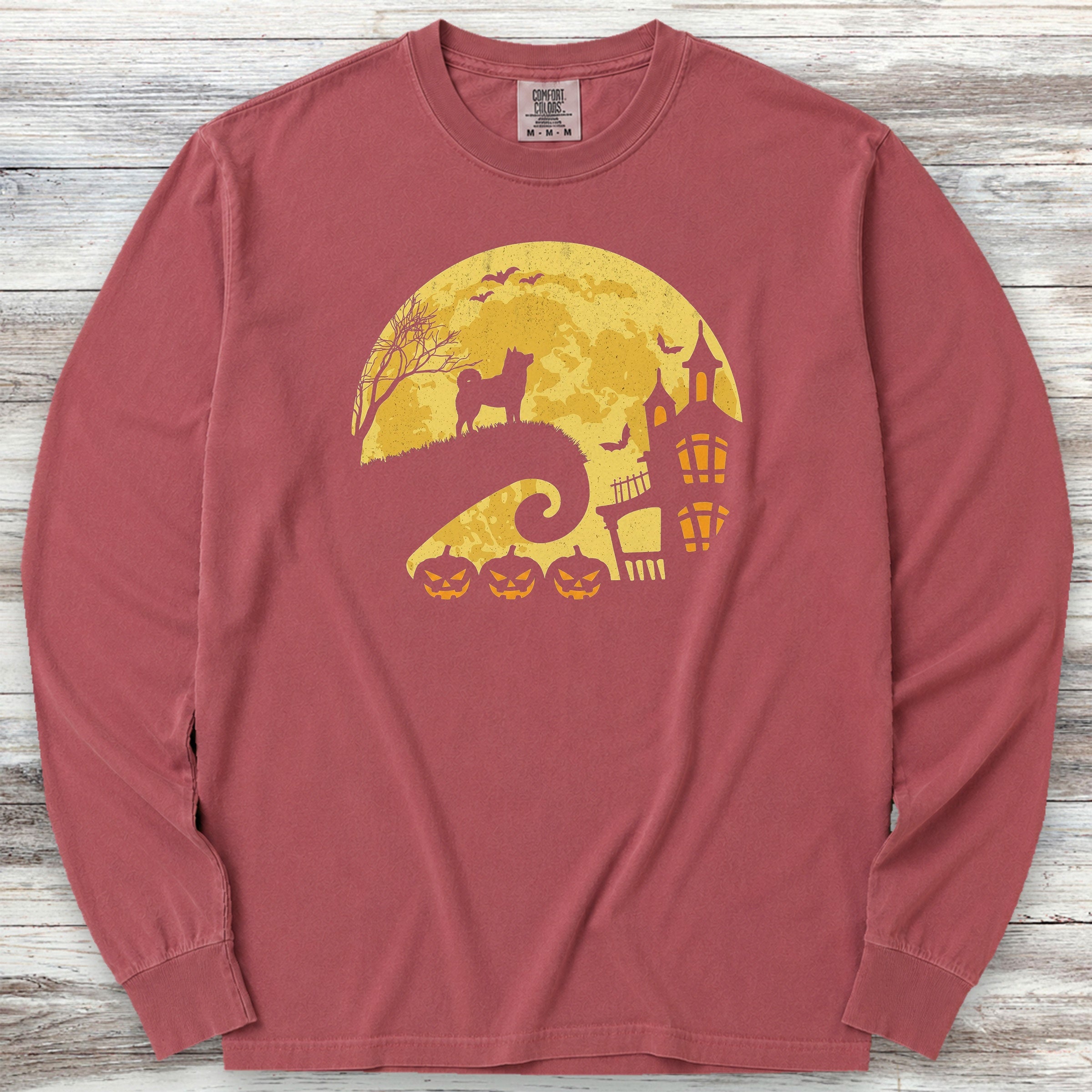 Shiba Inu Halloween Moon Long Sleeve Tee - Brick