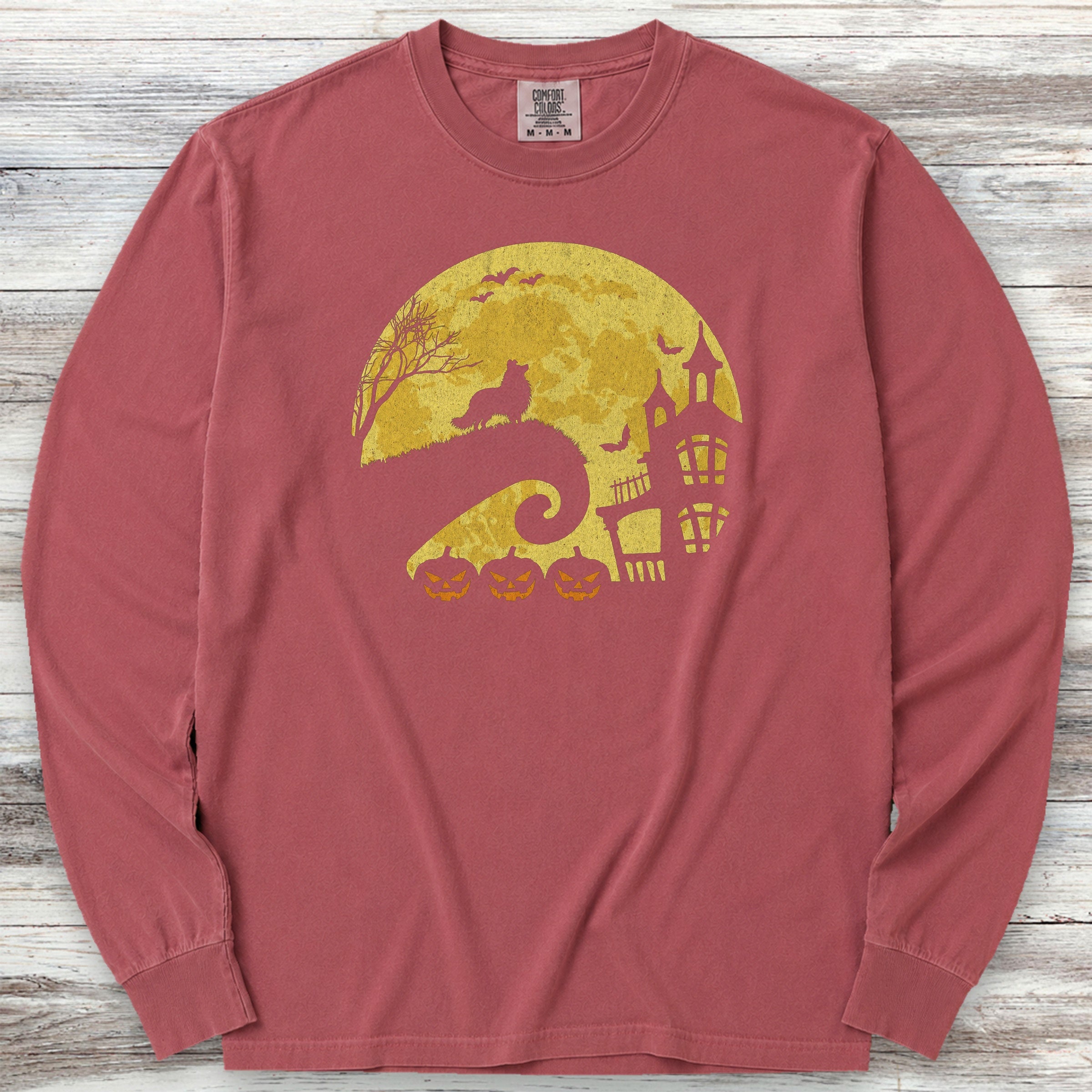 Shetland Sheepdog Halloween Moon Long Sleeve Tee - Brick