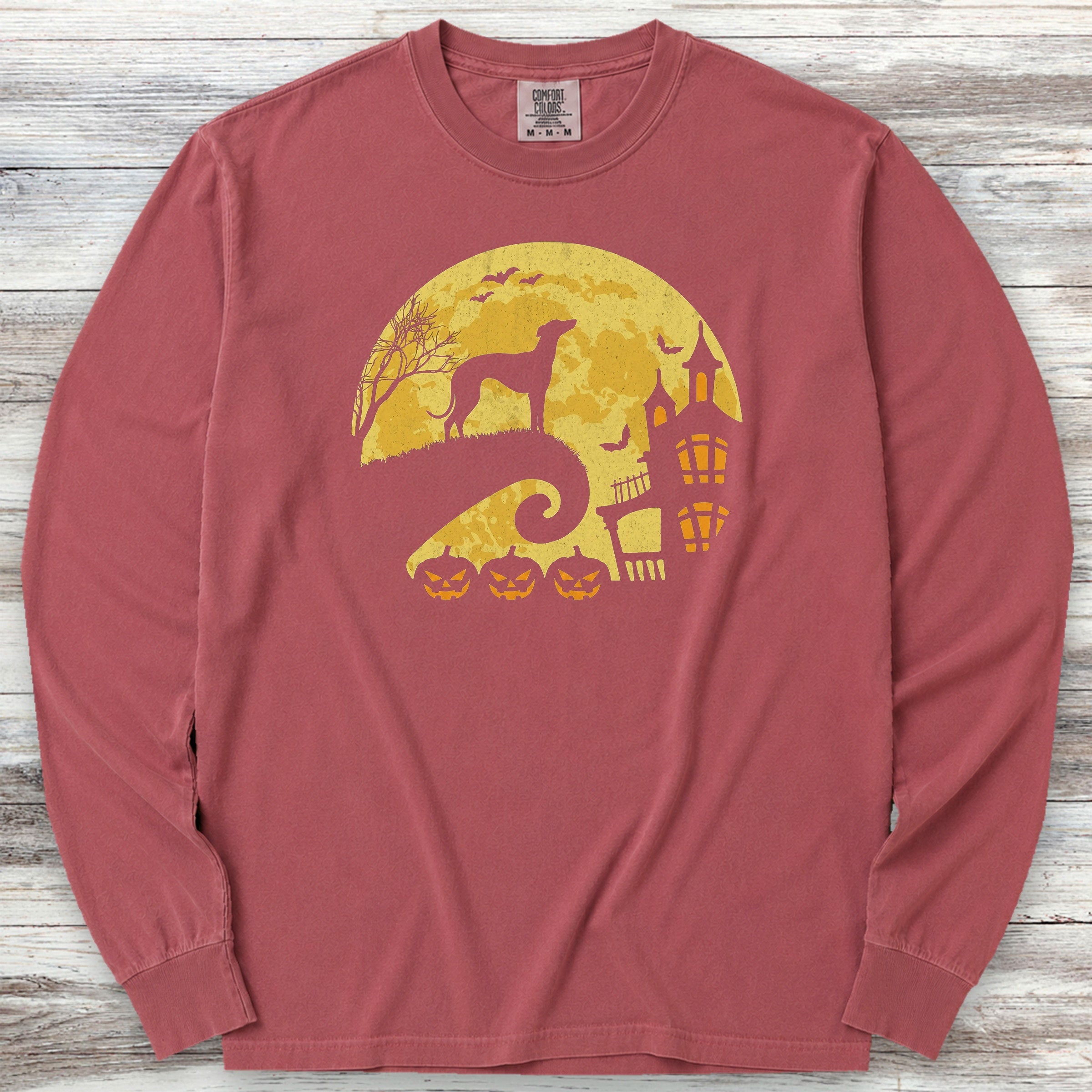 Greyhound Halloween Moon Long Sleeve Tee - Brick