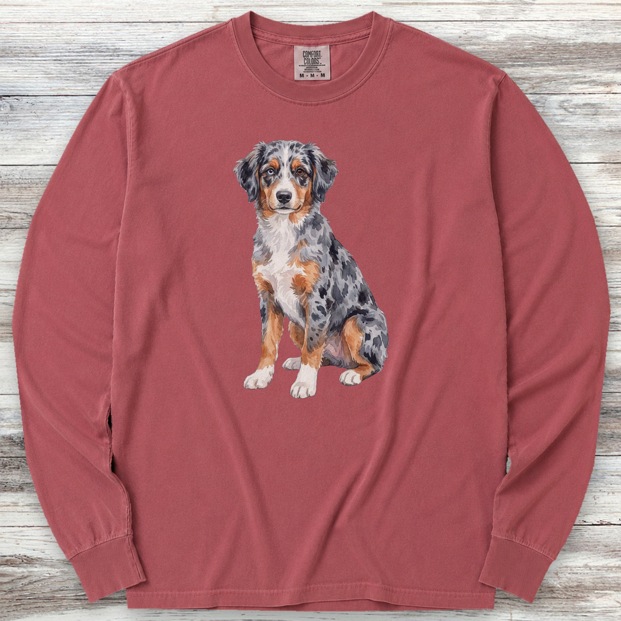 Australian Shepherd Puppy Watercolor Long Sleeve Tee - Brick
