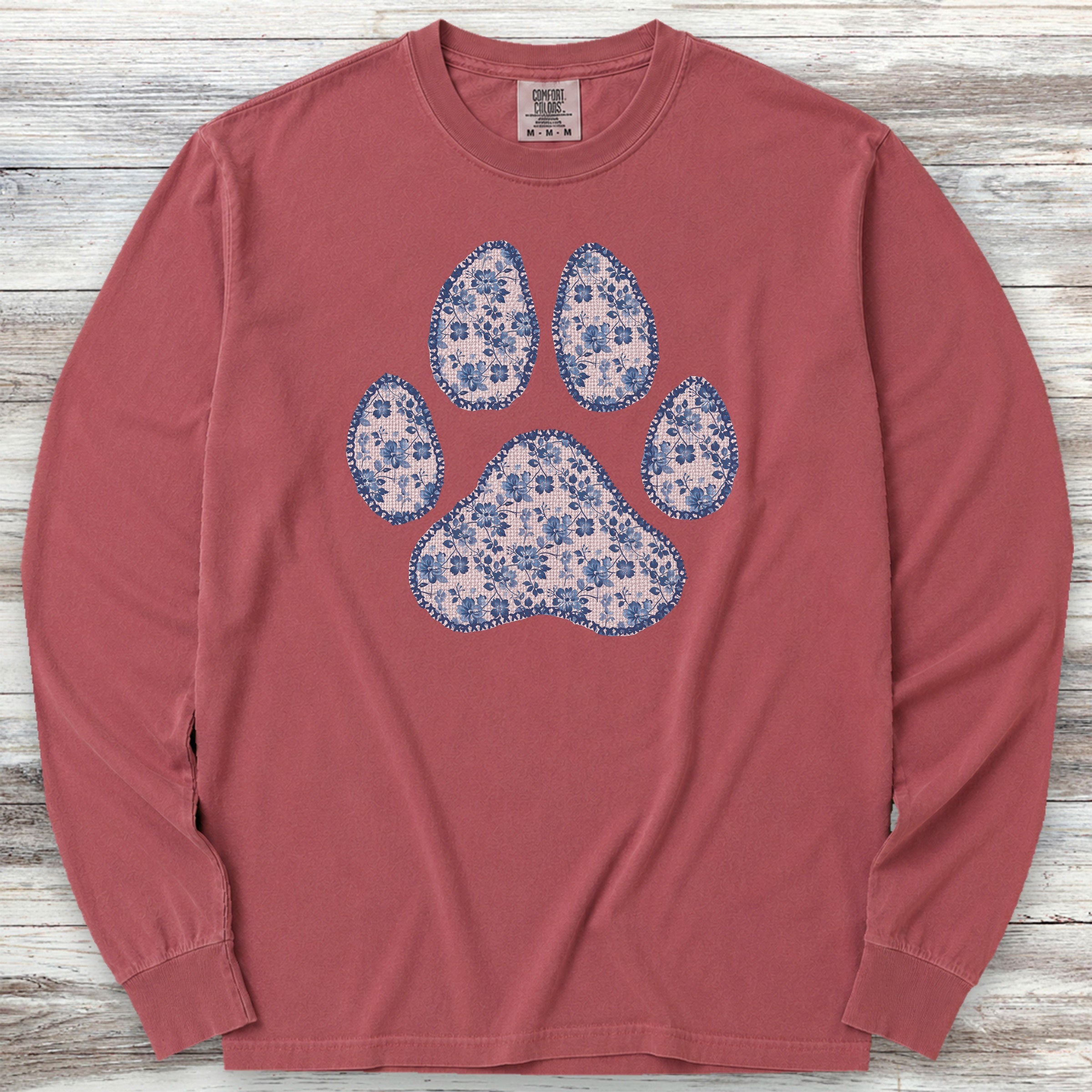 Blue Floral Paw Print Long Sleeve Tee - Brick