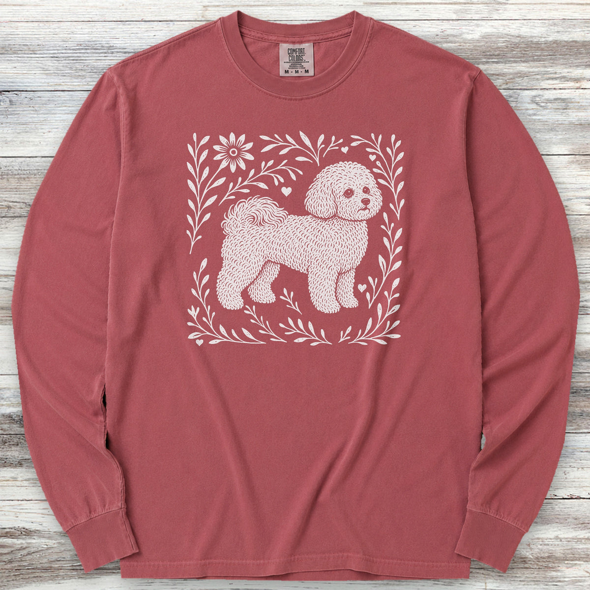 Bichon Frise Linocut Long Sleeve Tee - Brick