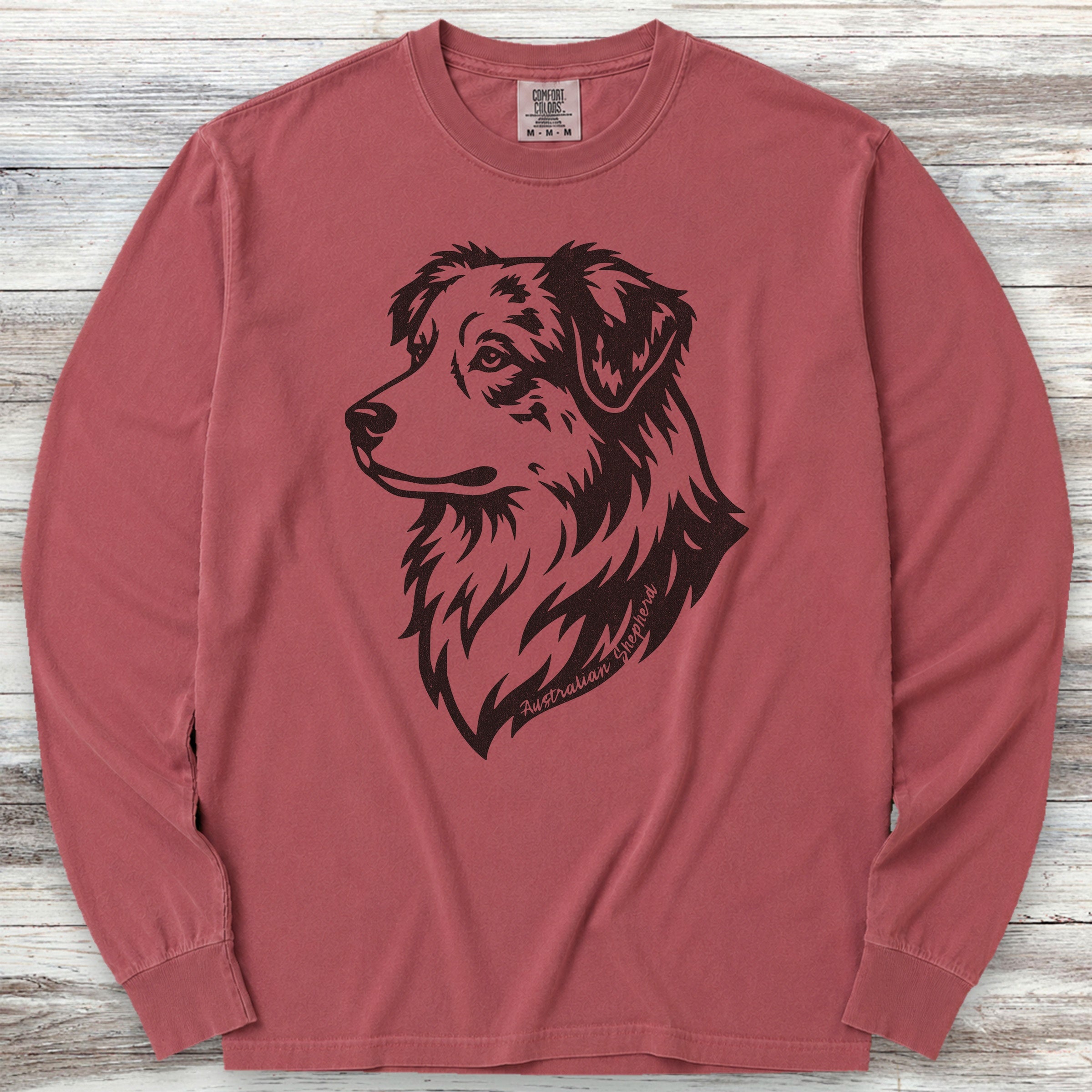 Australian Shepherd Woodcut Portrait Long Sleeve Tee - Brick
